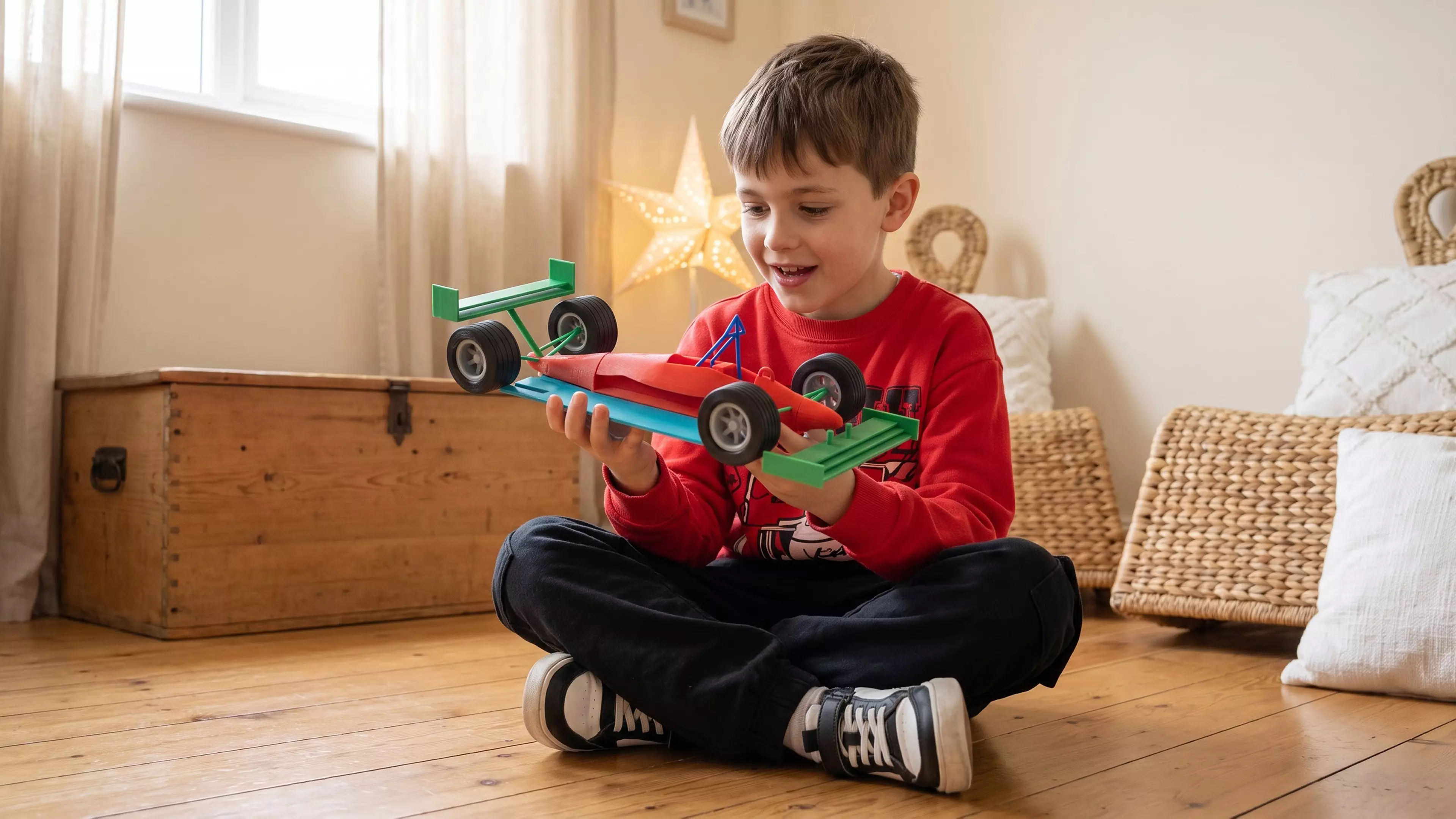 A 10-part, 17-piece 1:16 scale Mercedes-style F1 car: silver body shell (tub/nose/sidepods/engine cover with integrated suspension arms and axle stubs), black floor/diffuser, black front and rear wings, black halo, 4 rotatable wheels (2 rim + 2 tire designs, front/rear) with a center-lock retaining…