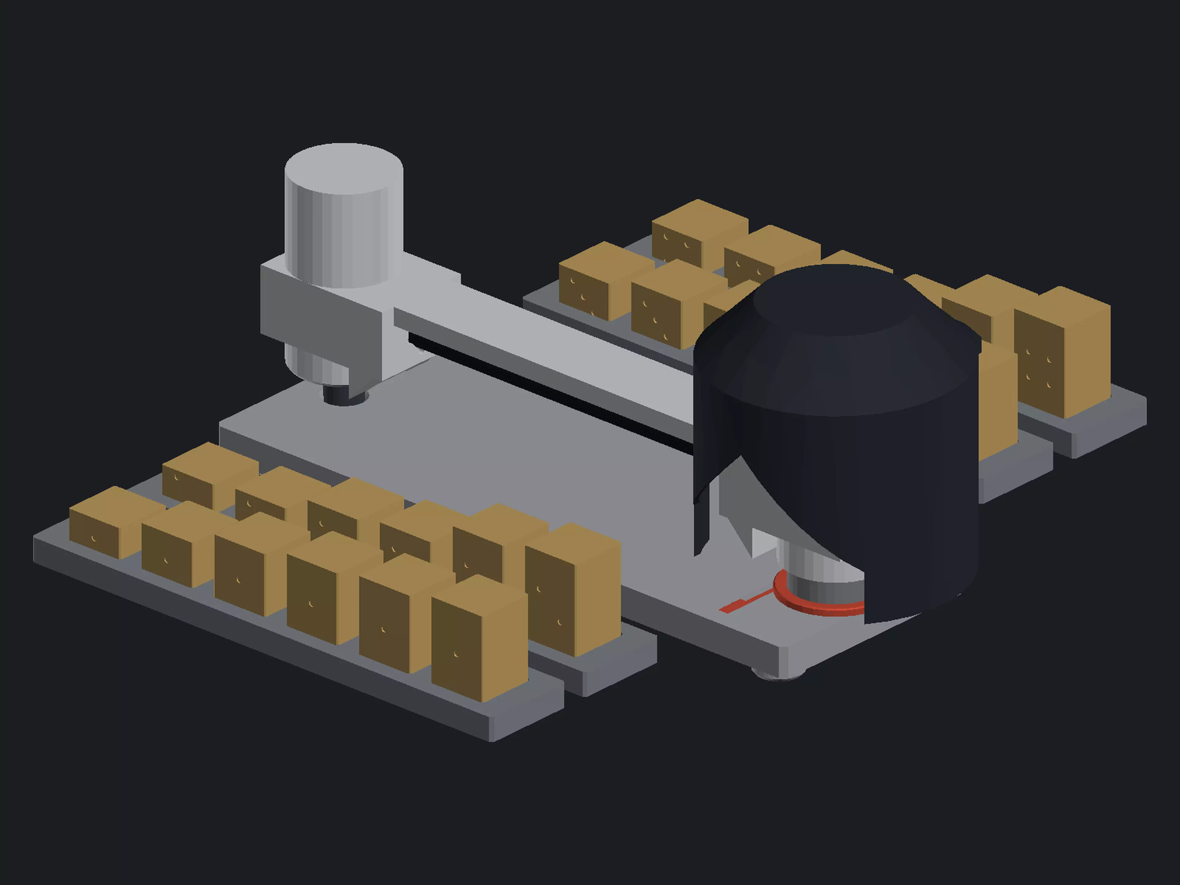 A limbo bar for solid objects. Every round, the player in last place turns a hooded knob in secret, dropping a loose bar by 1, 2, or 3 mm, and then everyone commits a block from their own stock at the same instant, blind. Cups lift together; the tallest block that slides through without touching the bar wins the round and joins your score line, and a block that touches is gone for good. Nothing is marked and nothing is written down mid-round, the bar itself is the only judge. 2-4 players, 20 min, ages 14+. The complete rules ship with the files as RULES.md. By Bob.