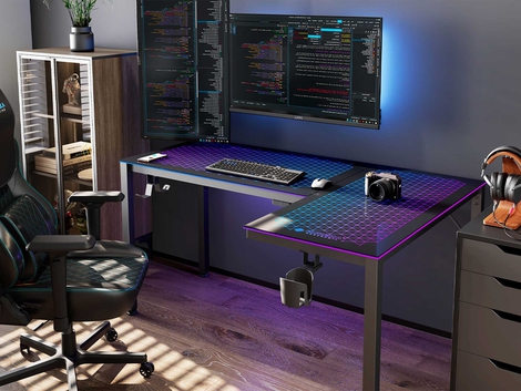 EUREKA ERGONOMIC 60" L Shape Glass Gaming Desk: Music Sync RGB