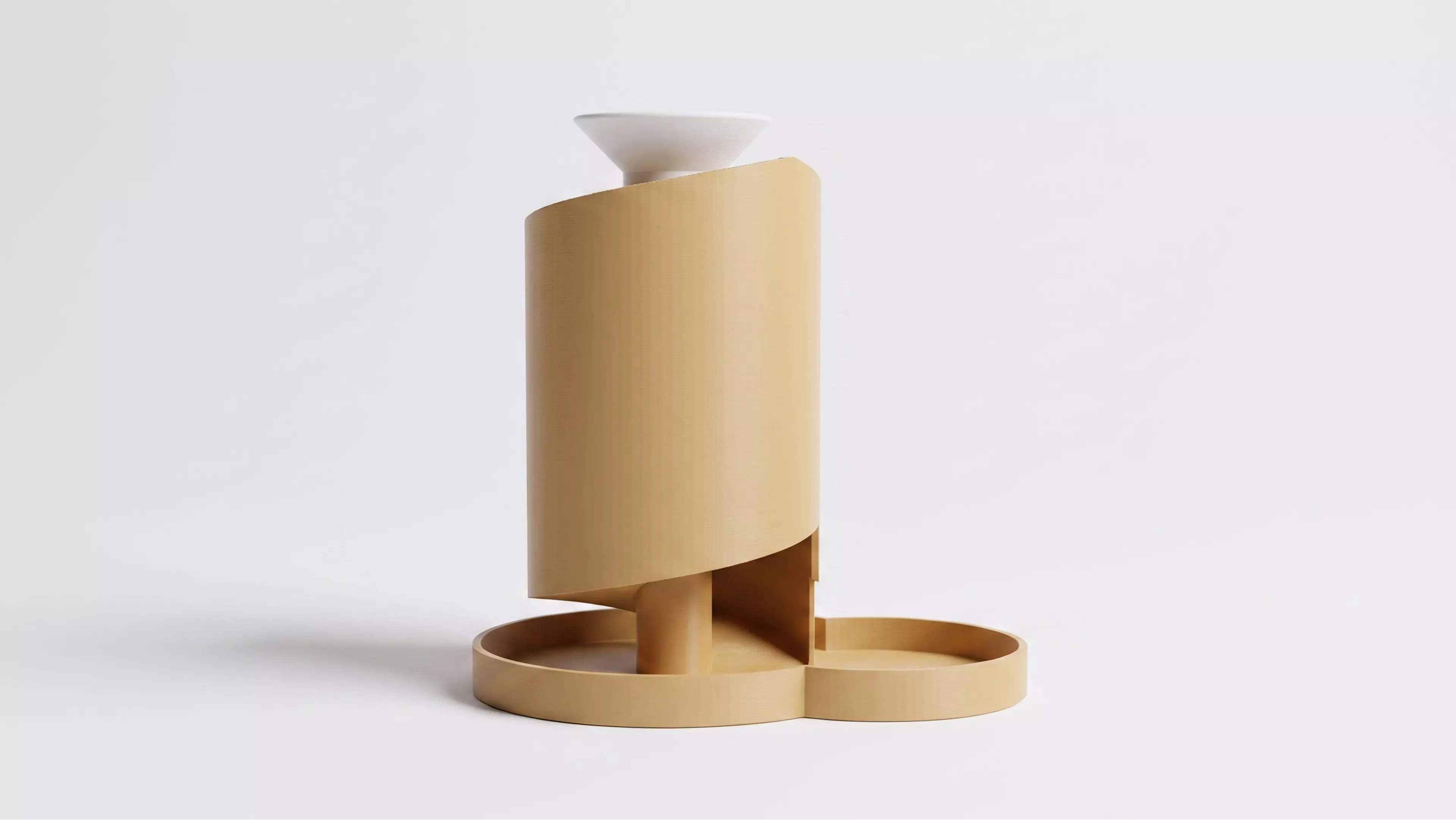 A 210 mm tall helical dice tower: a funnel hopper feeds dice onto a spiral ramp that winds 2.42 turns around a central pillar, contained by overlapping guide walls, exiting through a domed chute near the base onto an integrated landing tab.