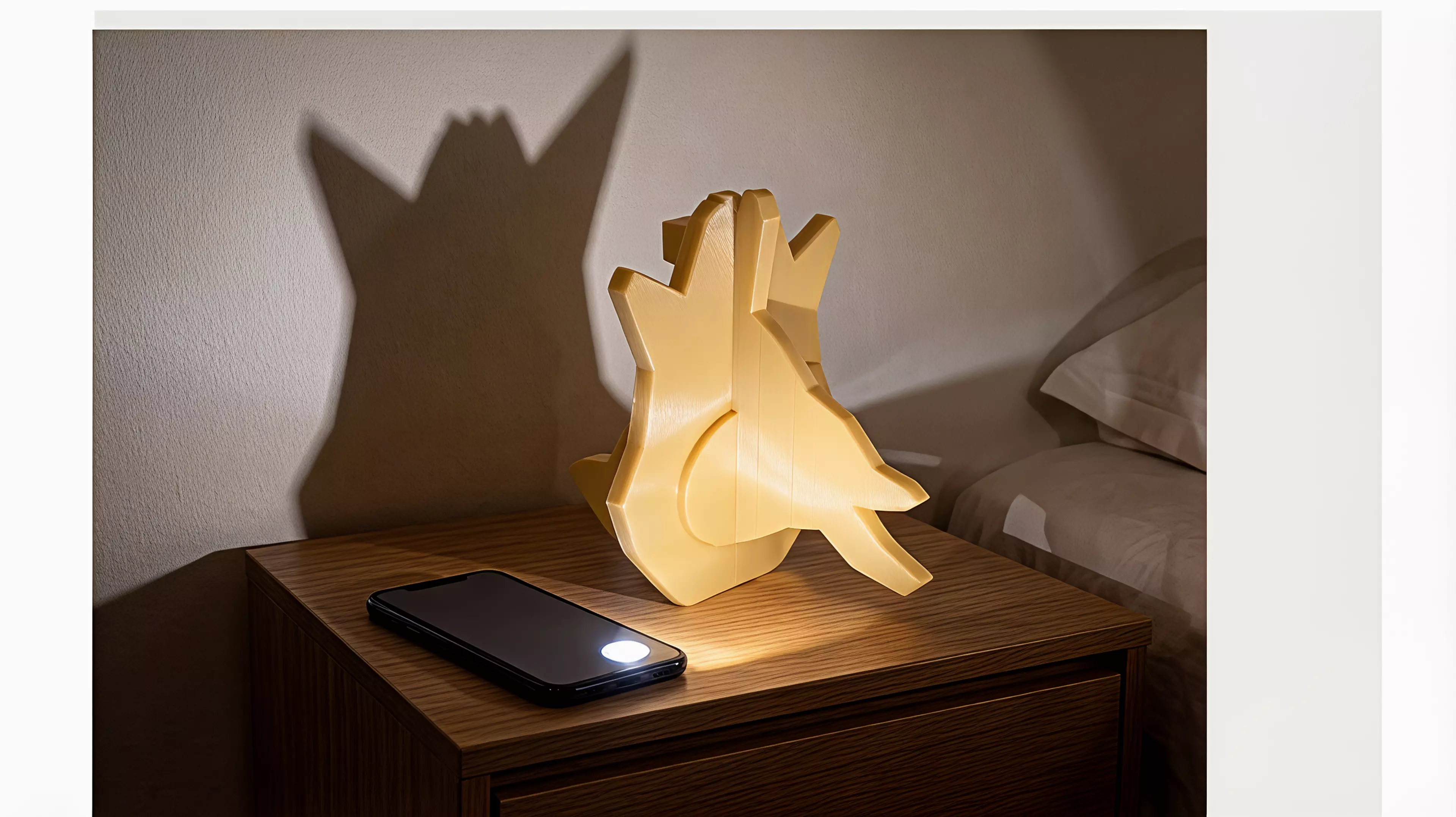 A palm-sized one-piece shadow toy whose broad faces project a horned owl and, after a 90-degree turn, a leaping rabbit under an ordinary external phone flashlight.