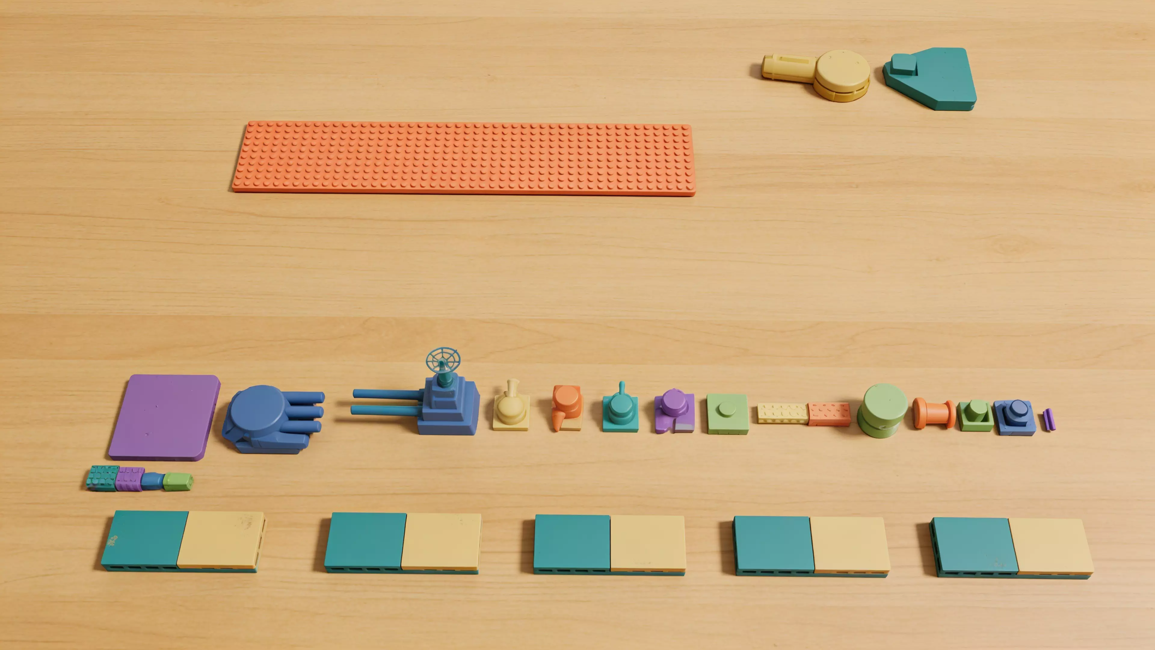 A WWII-dreadnought-styled construction toy: an 8 mm-pitch stud-and-tube brick system (deck plate, bow, stern, bridge tower, generic bricks, smokestacks, secondary turrets) plus a free-rotating main turret with a spring-less push-launcher, assembling into a 240 mm desktop battleship.
