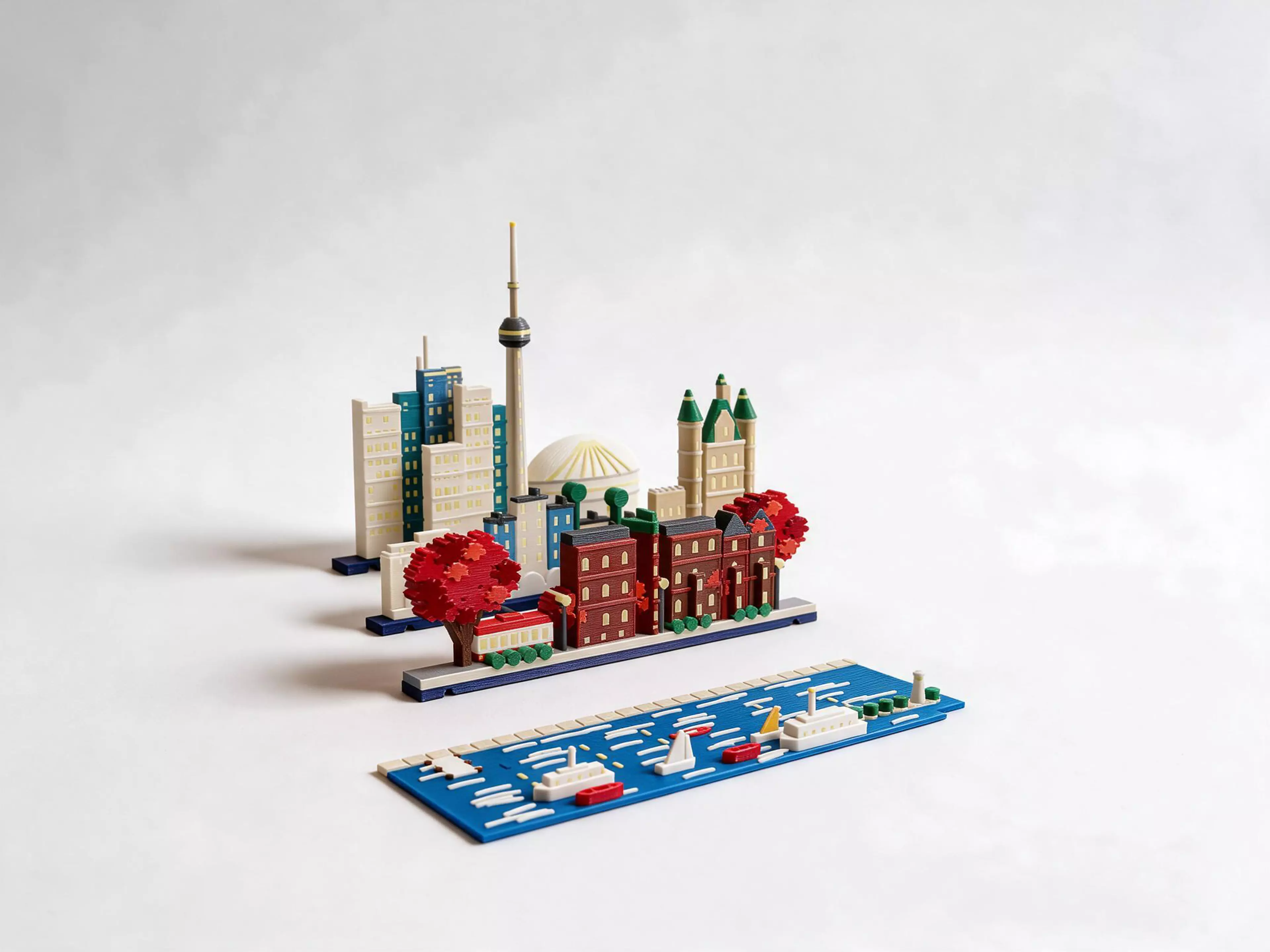 A Toronto set for the Moonlit Atlas pop-up book: three rows of miniature buildings and a harbour plate that click onto the book's row frames with magnets. In this set: the CN Tower above the downtown towers, the Rogers Centre dome, Casa Loma with its green copper turrets, Union Station, the wedge-shaped Gooderham Flatiron, red-brick Victorian row houses, a red-and-white streetcar, red maples and street lamps, and Lake Ontario with the island ferry, a sailboat, red canoes and the Toronto Island lighthouse. Windows and stars glow in the dark, with no batteries. It needs the Moonlit Atlas book, which is sold separately, and it swaps with any other city set in seconds.