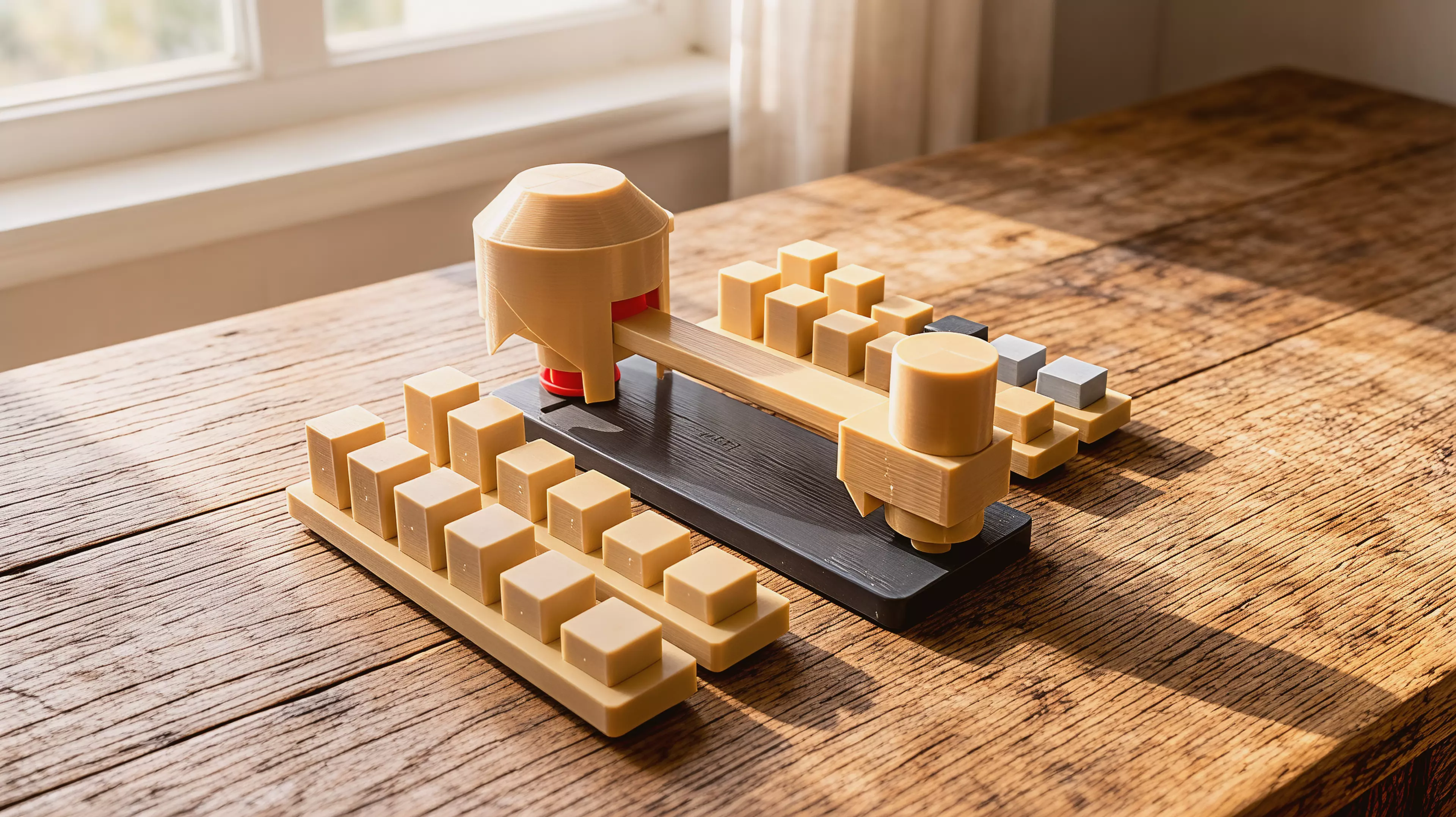 A limbo bar for solid objects. Every round, the player in last place turns a hooded knob in secret, dropping a loose bar by 1, 2, or 3 mm, and then everyone commits a block from their own stock at the same instant, blind. Cups lift together; the tallest block that slides through without touching the bar wins the round and joins your score line, and a block that touches is gone for good. Nothing is marked and nothing is written down mid-round, the bar itself is the only judge. 2-4 players, 20 min, ages 14+. The complete rules ship with the files as RULES.md. By Bob.