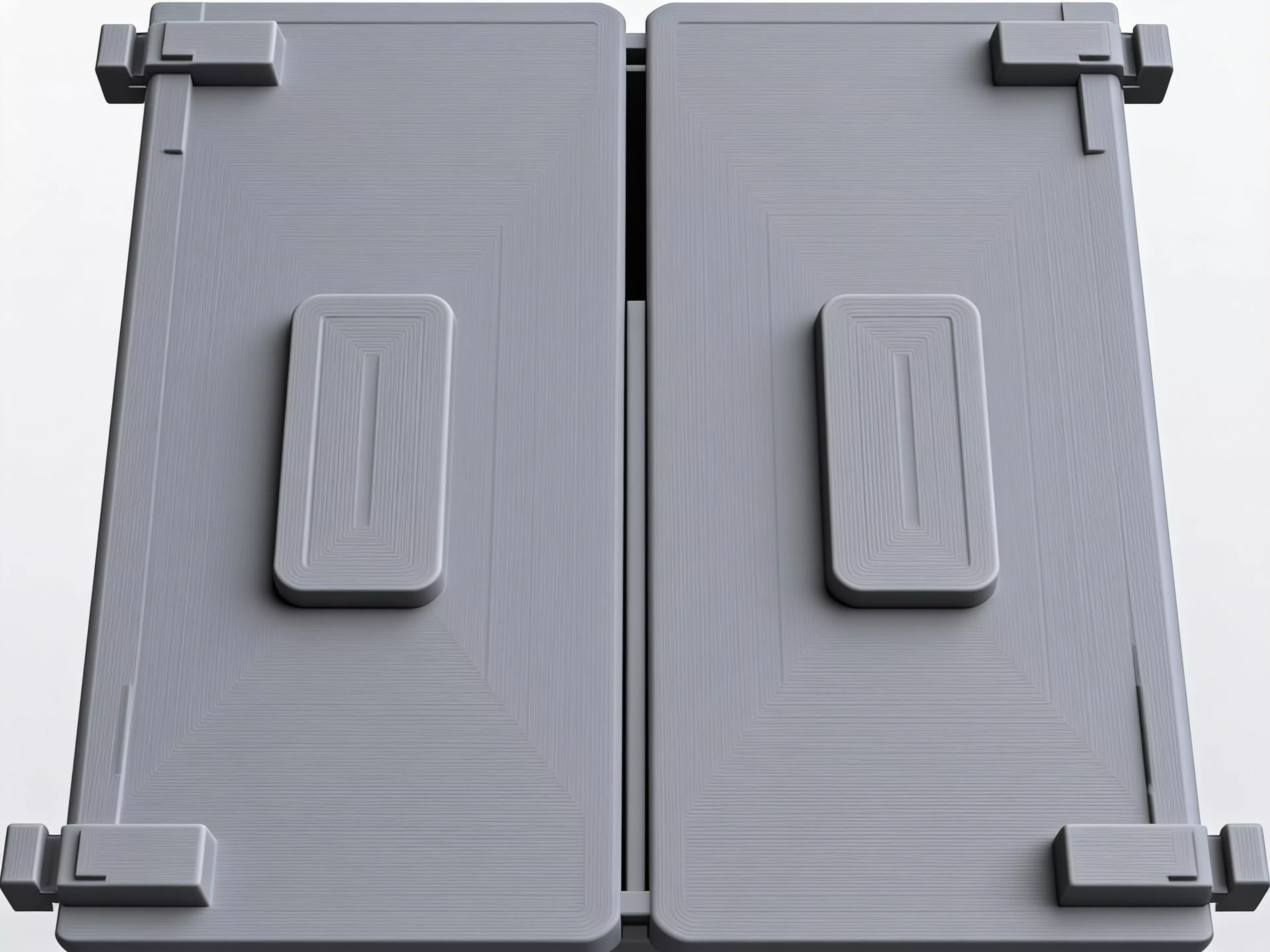 A miniature industrial-dumpster-styled desk trash catcher: a tapered corrugated bin body with two hinged flip lids that meet in the middle, complete with corner skid feet.