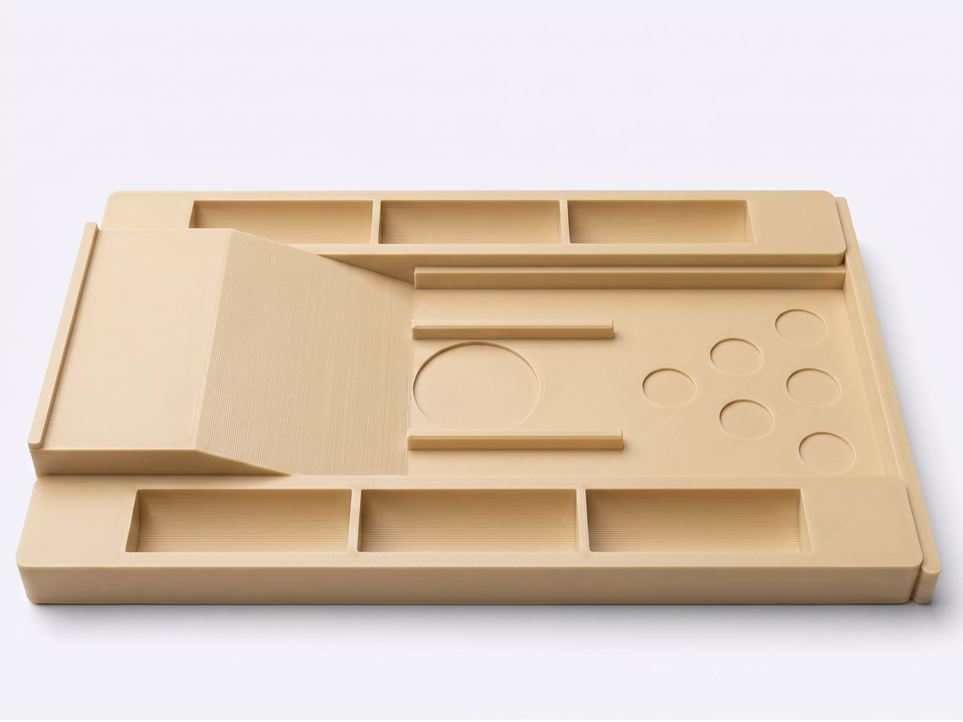 A pocket bowling toy: a lane tray that ramps into a flick-launch pad and doubles as nested storage, six molded pins in a 3-2-1 triangle, and one flick disc — flick the disc off the ramp to send it down the lane into the pins.