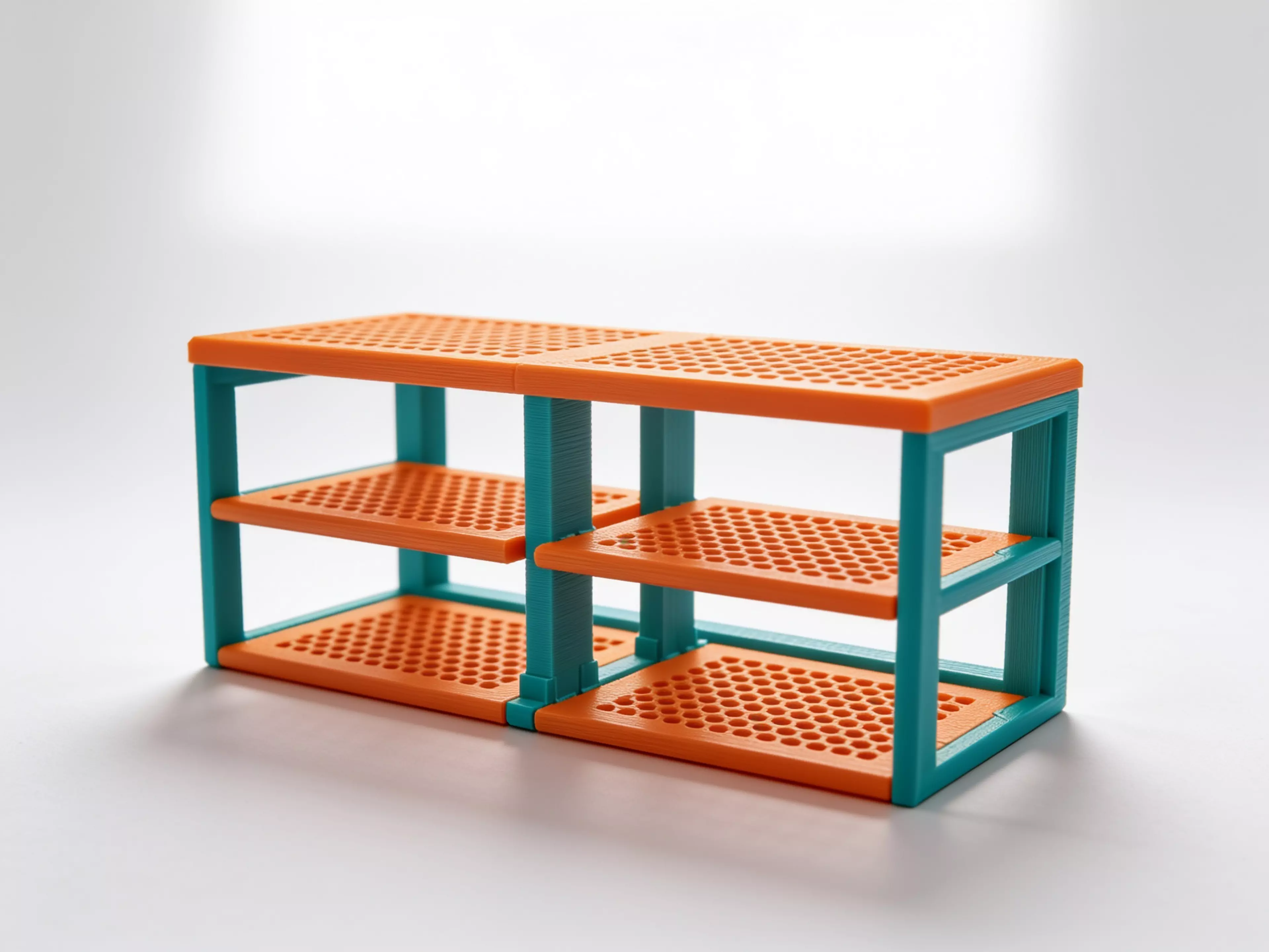 A 9-part FDM-printable 2x2 stacked stand for four 150x150x50.5 mm DGX Spark nodes: a full-height base/spine frame with dual vertical posts, four cantilevered vented shelf trays (fastened with M4 SHCS into heat-set inserts), and four TPU anti-vibration feet — matte tool-grey body with hazard-amber…