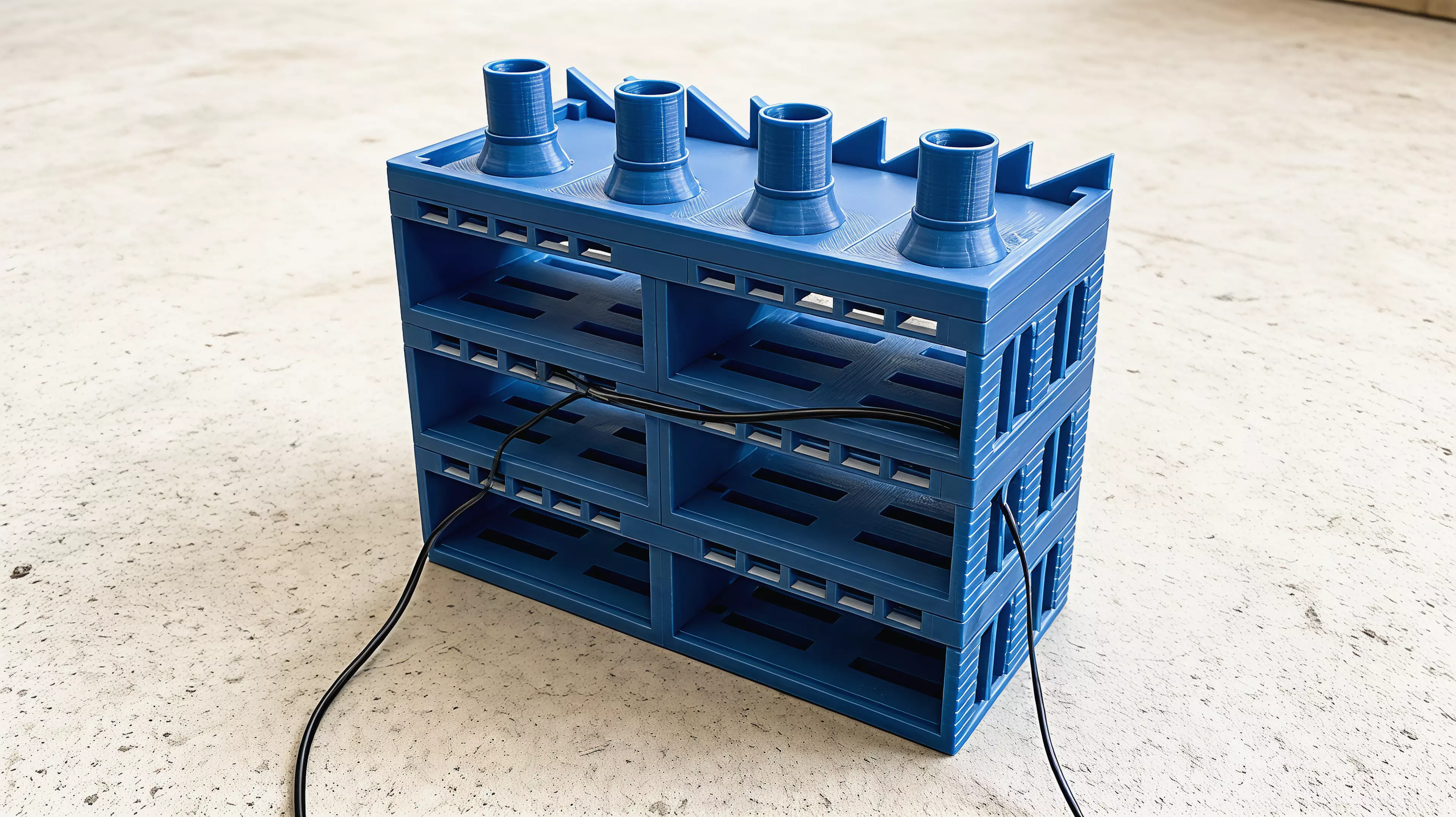A 3-tier, 6-node modular factory-building stand for DGX Spark nodes (336 × 160 × 286.5 mm assembled), split into support-free FDM parts ≤ 168 × 160 × 61.5 mm, with a detachable 4-chimney Crown.