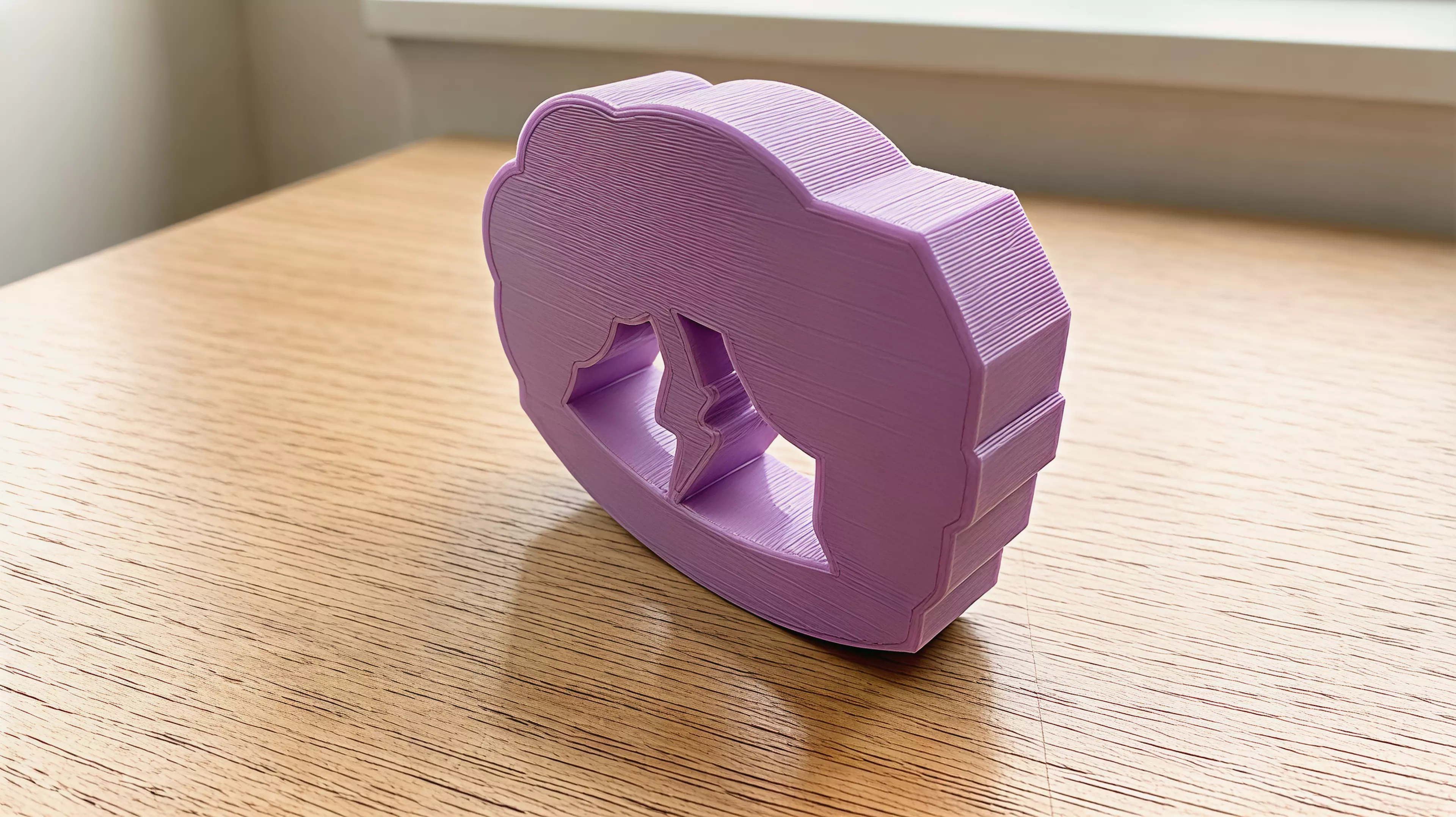A palm-sized, one-piece storm-cloud desk rocker whose connected lightning bolt sweeps through the open arch as the whole body rocks and returns toward center.