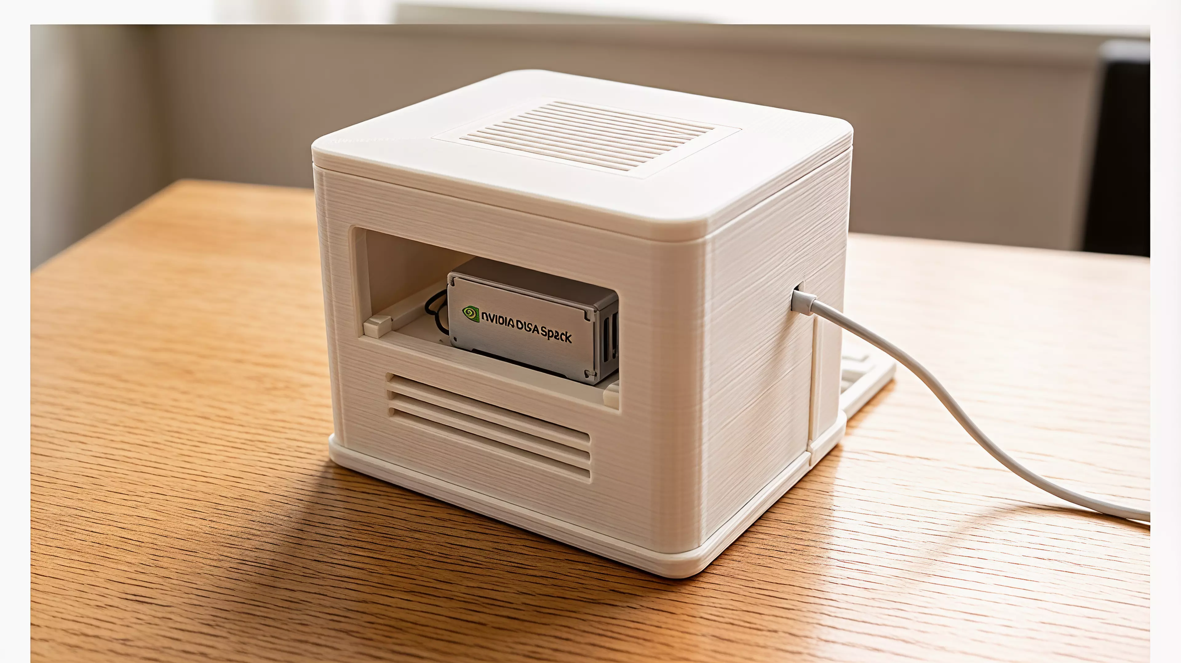 a 220 × 180 × 178 mm Macintosh-silhouette desktop shelf in crisp modern-minimal style, with an open front-to-rear tunnel that holds one NVIDIA DGX Spark (150 × 150 × 50.5 mm) on two internal rails, built as a main body + removable top cover + detachable base plus secondary trim parts.