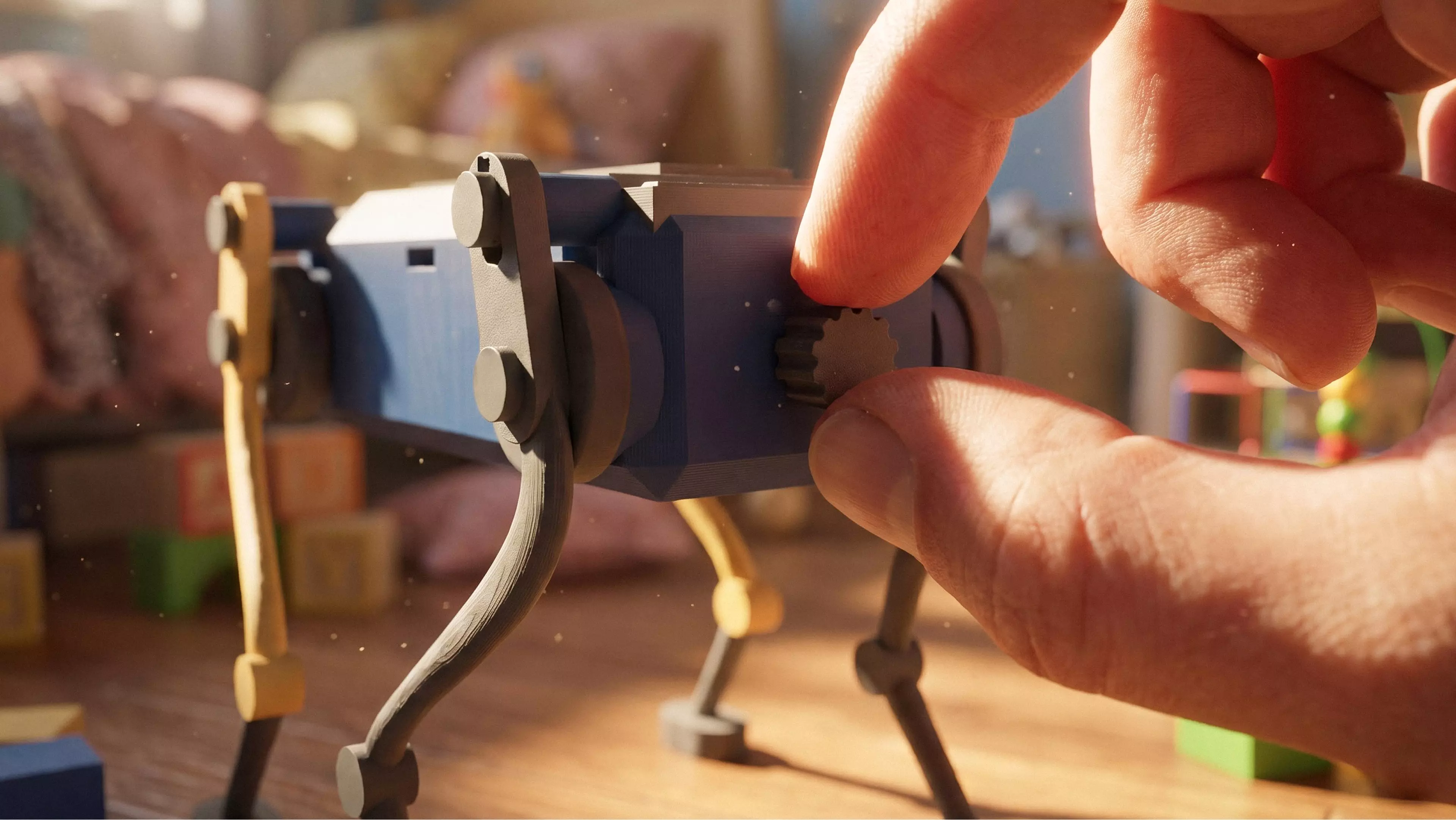 A palm-size wind-up walker. Twist the knob at the back to wind it up, set it down, and it trots forward on four legs with a smooth, life-like gait - no batteries, no motors. The rubber band inside drives two crankshafts that swing the legs in turn, so it keeps its balance step after step. Every part is 3D printed.