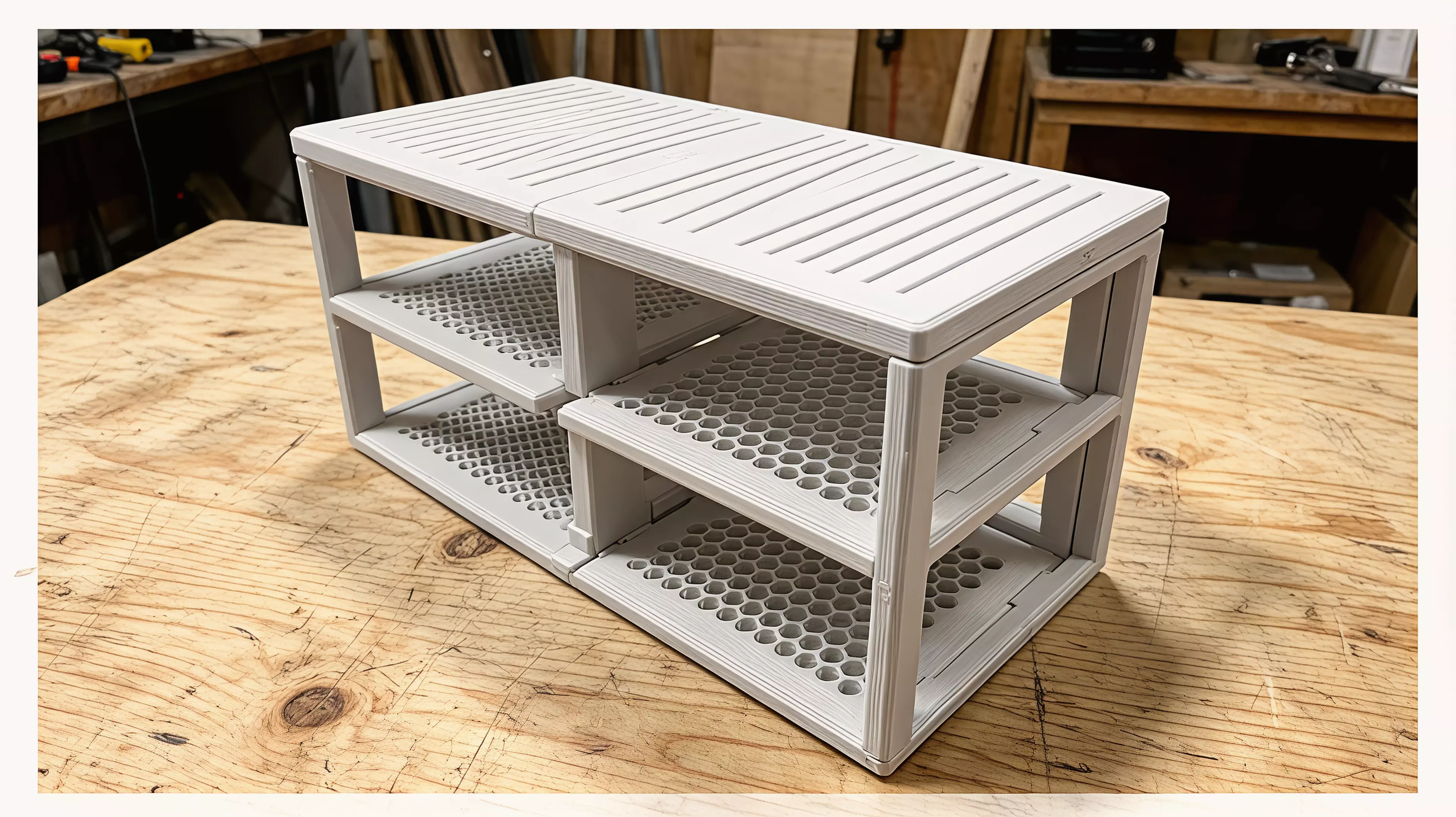 A 9-part FDM-printable 2x2 stacked stand for four 150x150x50.5 mm DGX Spark nodes: a full-height base/spine frame with dual vertical posts, four cantilevered vented shelf trays (fastened with M4 SHCS into heat-set inserts), and four TPU anti-vibration feet — matte tool-grey body with hazard-amber…