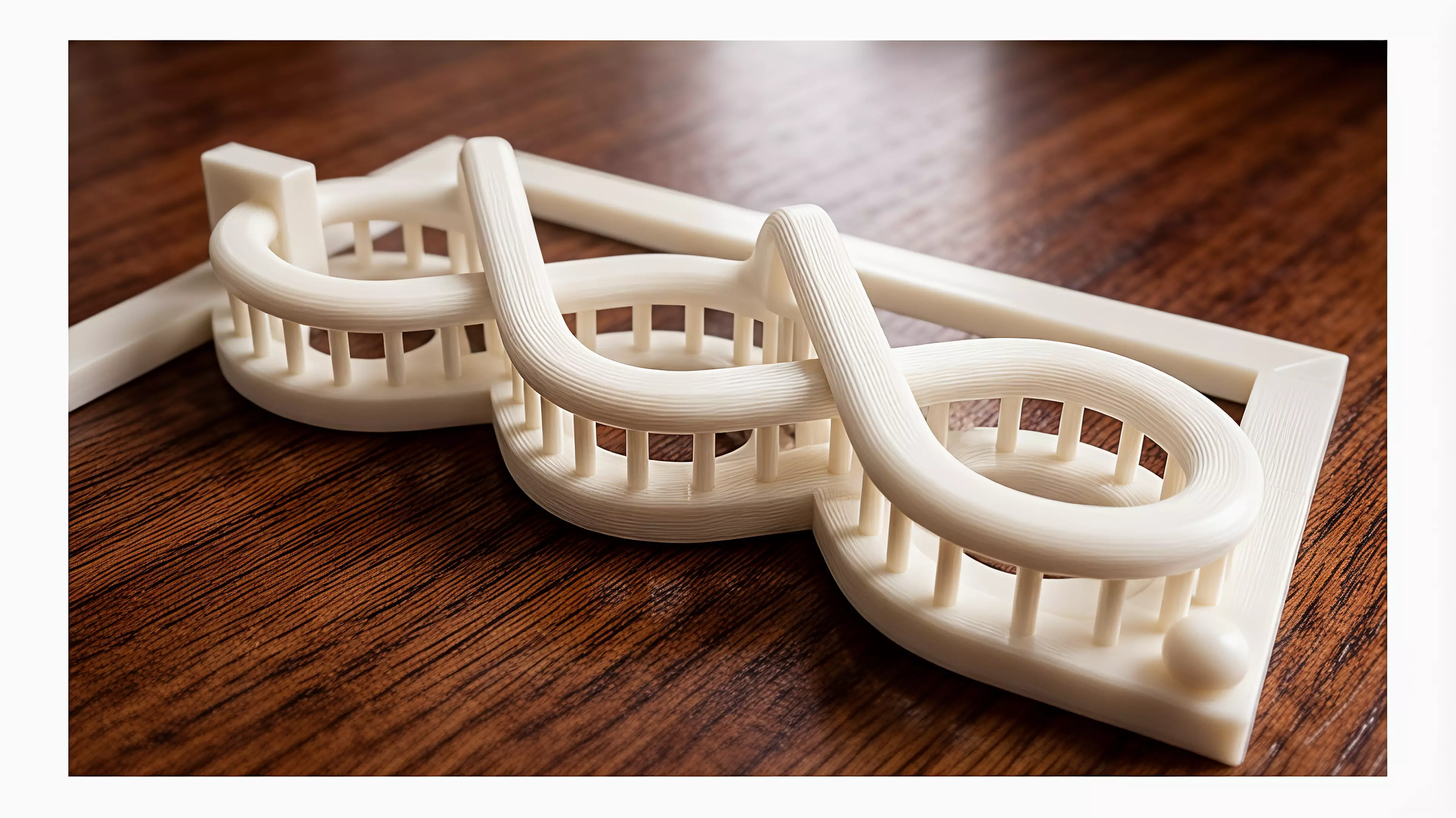 A one-handed print-in-place desk toy whose captive moon runner follows one fully visible braided figure-eight route through two separated bridges and returns home by continued thumb motion.