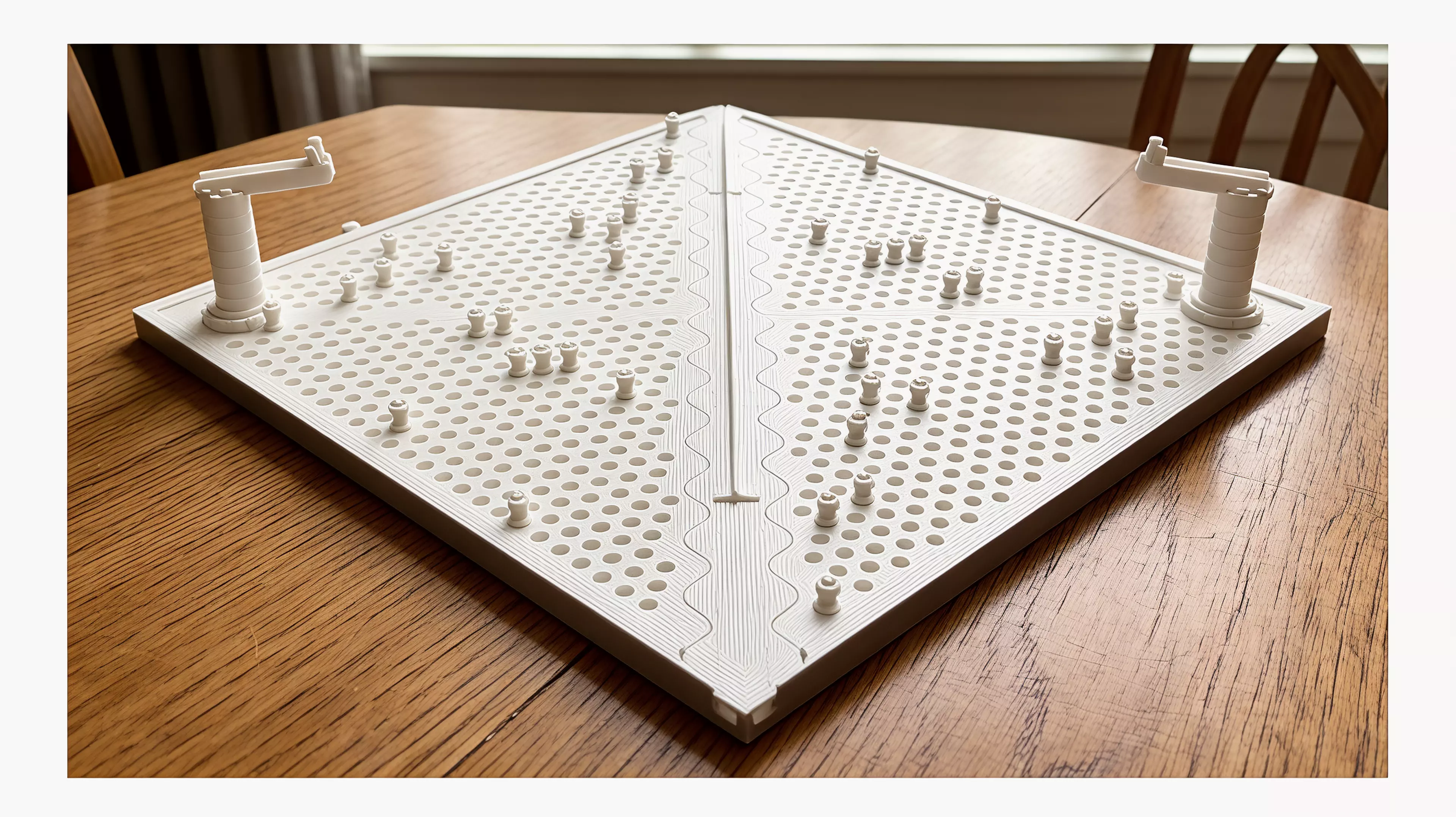 **Arrows Across the River** is a two-player competitive board game combining strategic army placement, physical aiming, and dice-based area damage. Players command 21 soldiers on opposite sides of a river and fire soft arrows from rotating archer towers. The arrow’s landing point determines the attack center, while a die roll determines its damage radius. The first player to eliminate the opposing army wins.