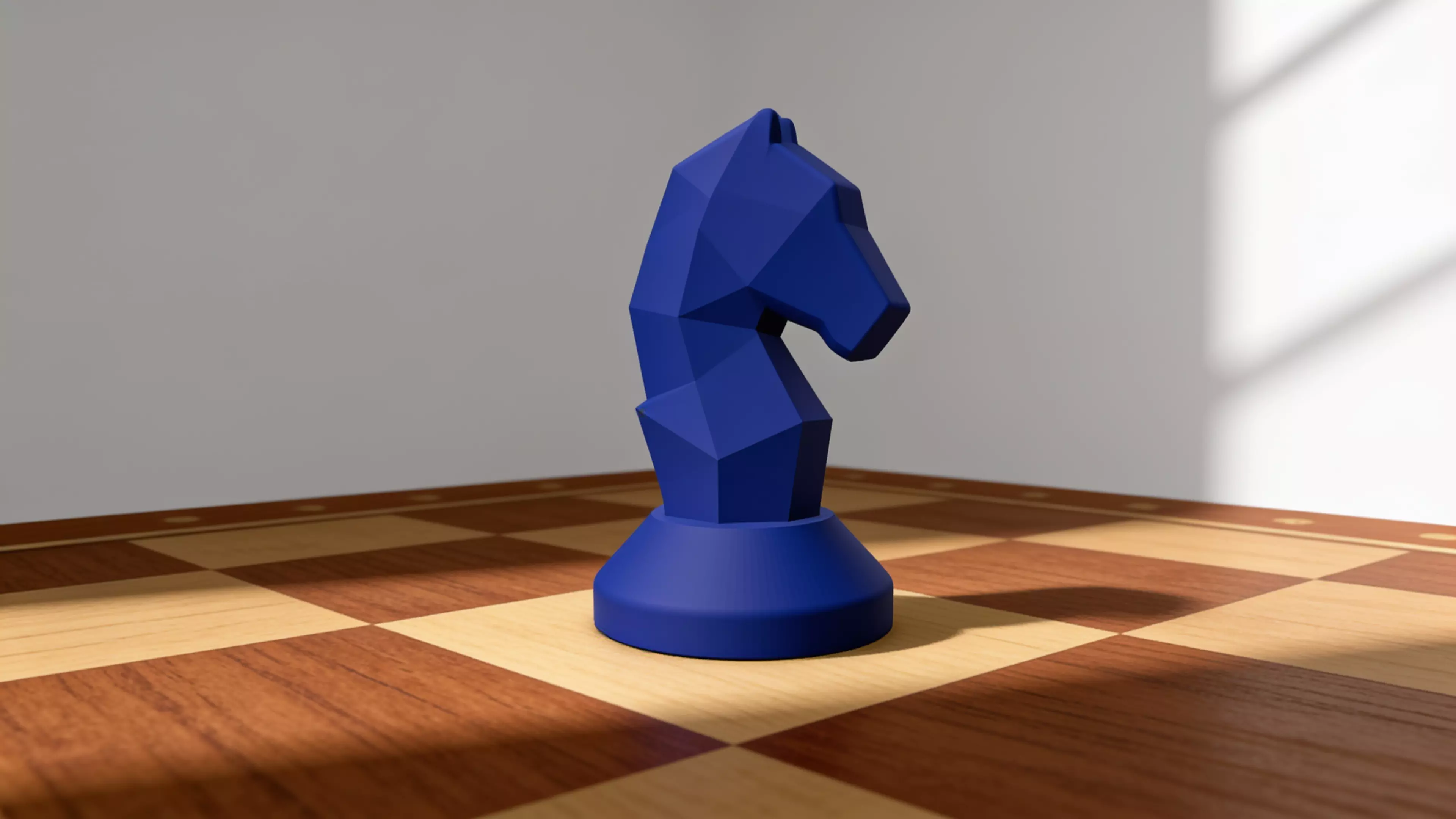 A modern-minimalist, low-poly chess Knight sized for a standard tournament set (King ≈ 95 mm reference), printed as one solid faceted piece with a felt-pad recess base.