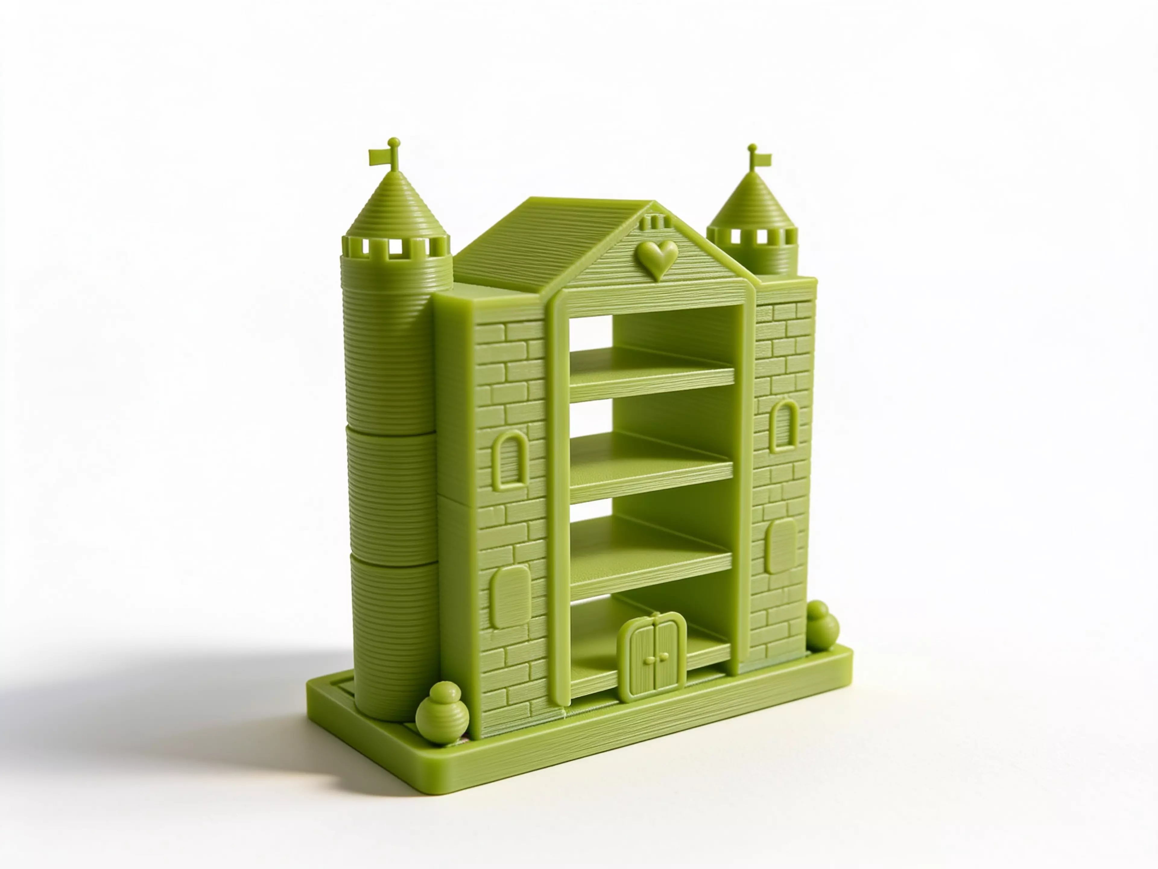 A pastel fantasy-castle display shelf, 380 W × 190 D × ~420 H mm, that holds four NVIDIA DGX Spark units (150 × 150 × 50.5 mm each, ~1.2 kg each) in a four-level, front-and-rear-open chamber flanked by two round towers, printed as ~20 screw-together modules because the whole thing is far larger…
