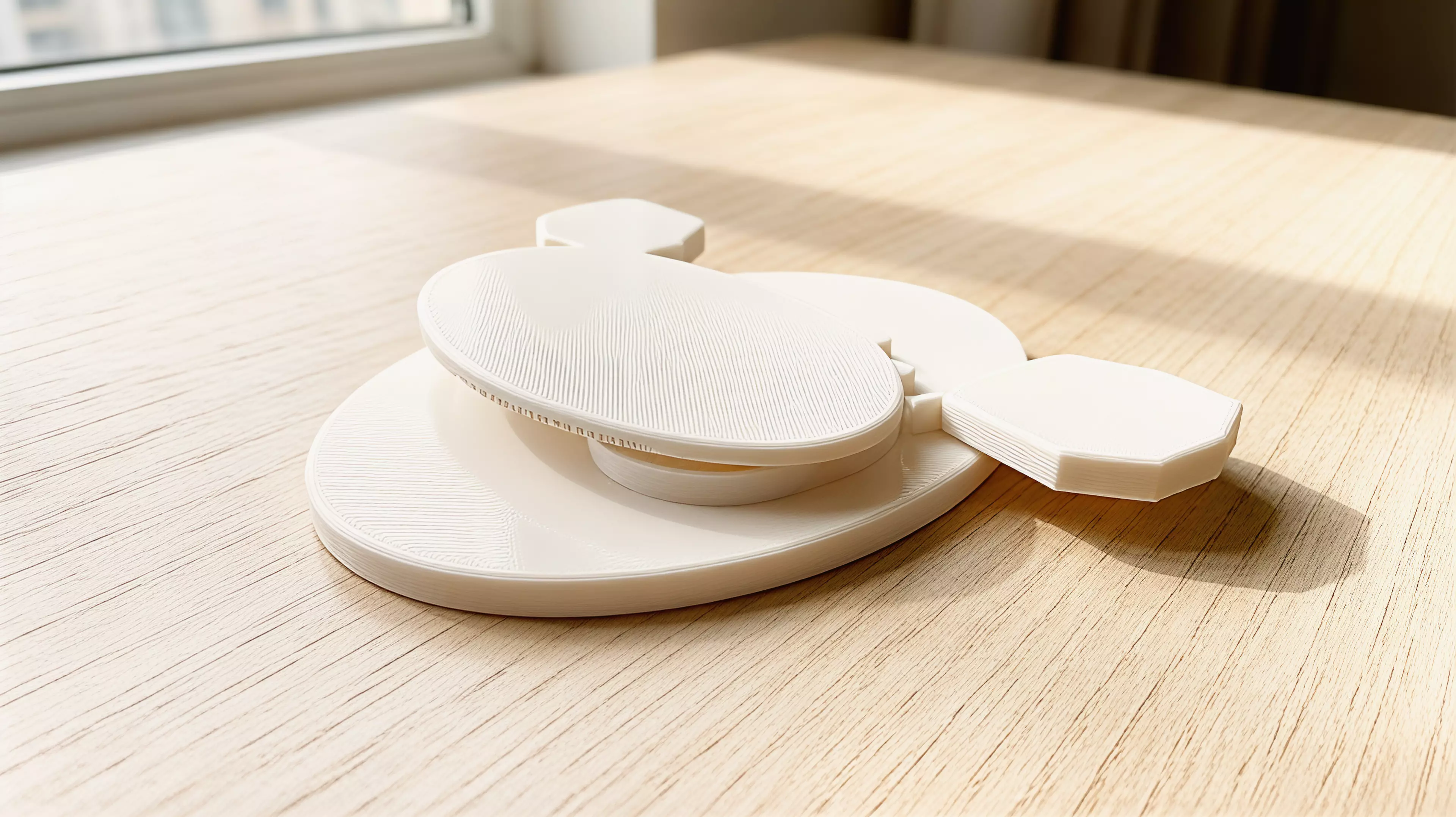 A three-part, hardware-free hand-powered desk toy: sweeping the left wing rotates the meshed pair from a low crescent form toward a moth silhouette with six star apertures.