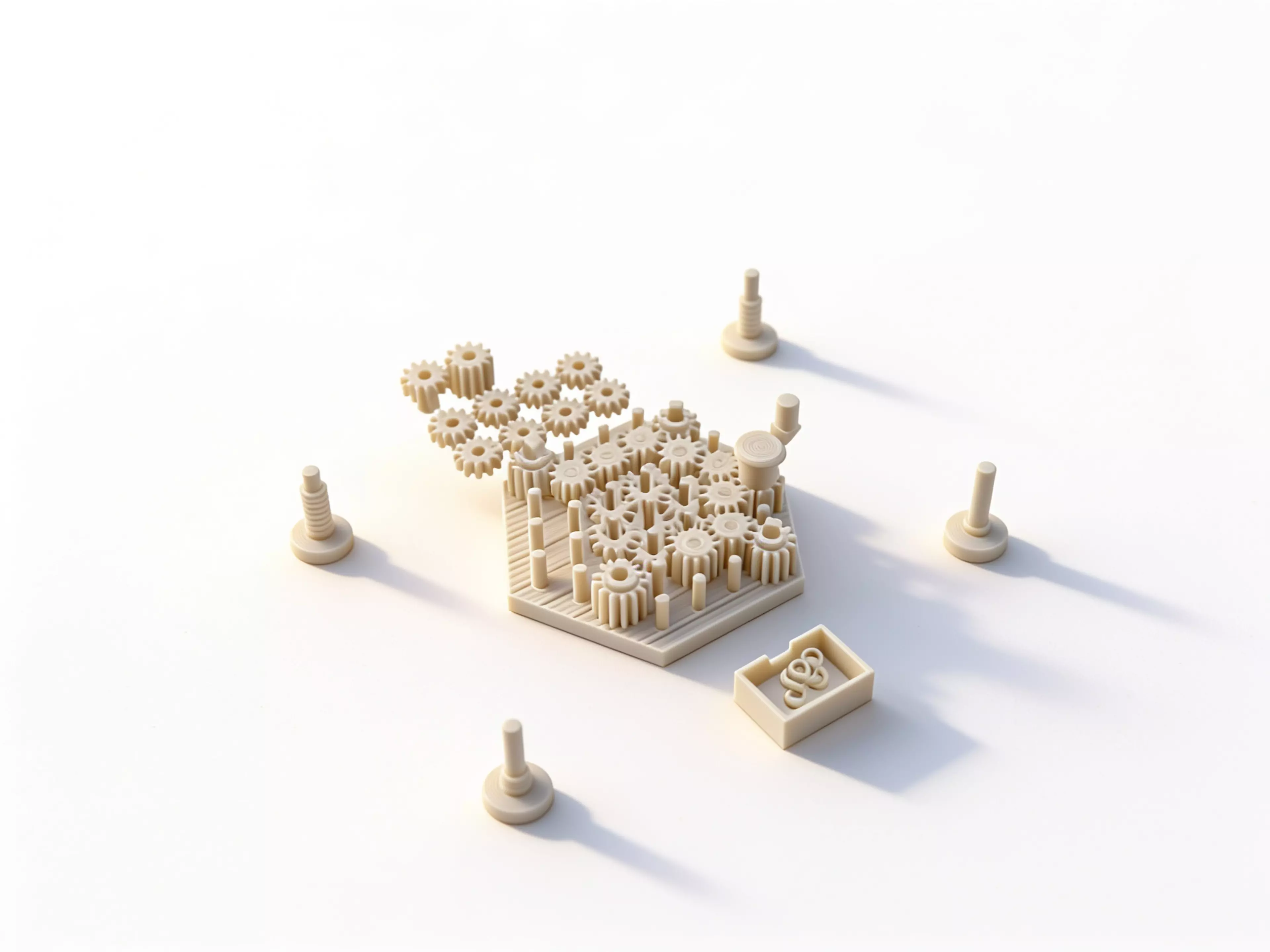 A yard of pins holds real meshing gears, and the game is played inside two facts of engineering: meshed gears turn opposite ways, and a loop with an odd number of them cannot turn at all. Each player owns one furrowed millstone gear standing on the yard's rim; a single crank gear is the only power in the box and it moves to a new rim pin at the start of every round, chosen by whoever leads that round. A turn is placing one gear — low-toothed, high-toothed, or a full-height tandem that bridges both heights — then turning the crank a quarter turn to prove you have not just bound the whole yard solid; at the end of the round the crank goes round once for real and only the mills that come up turning clockwise are grinding.

2-4 players · 35 min