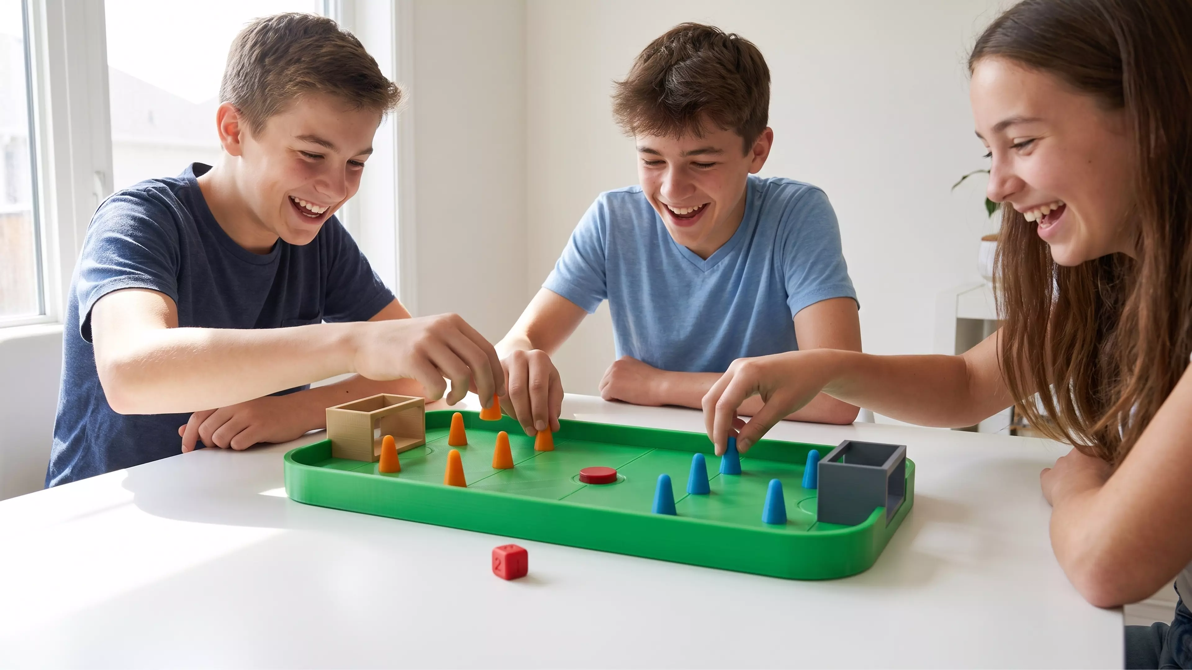 A tabletop hockey game kit: 
1. Role the dice to get how many pin can stand on the field
2. Set the pins' position as your will
3. Choose the angle, flick the puck to score
