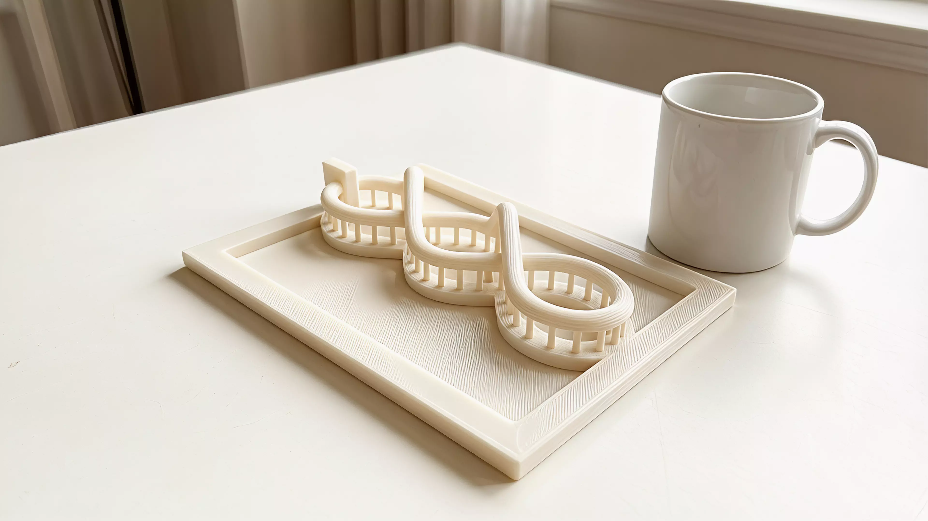 A one-handed print-in-place desk toy whose captive moon runner follows one fully visible braided figure-eight route through two separated bridges and returns home by continued thumb motion.