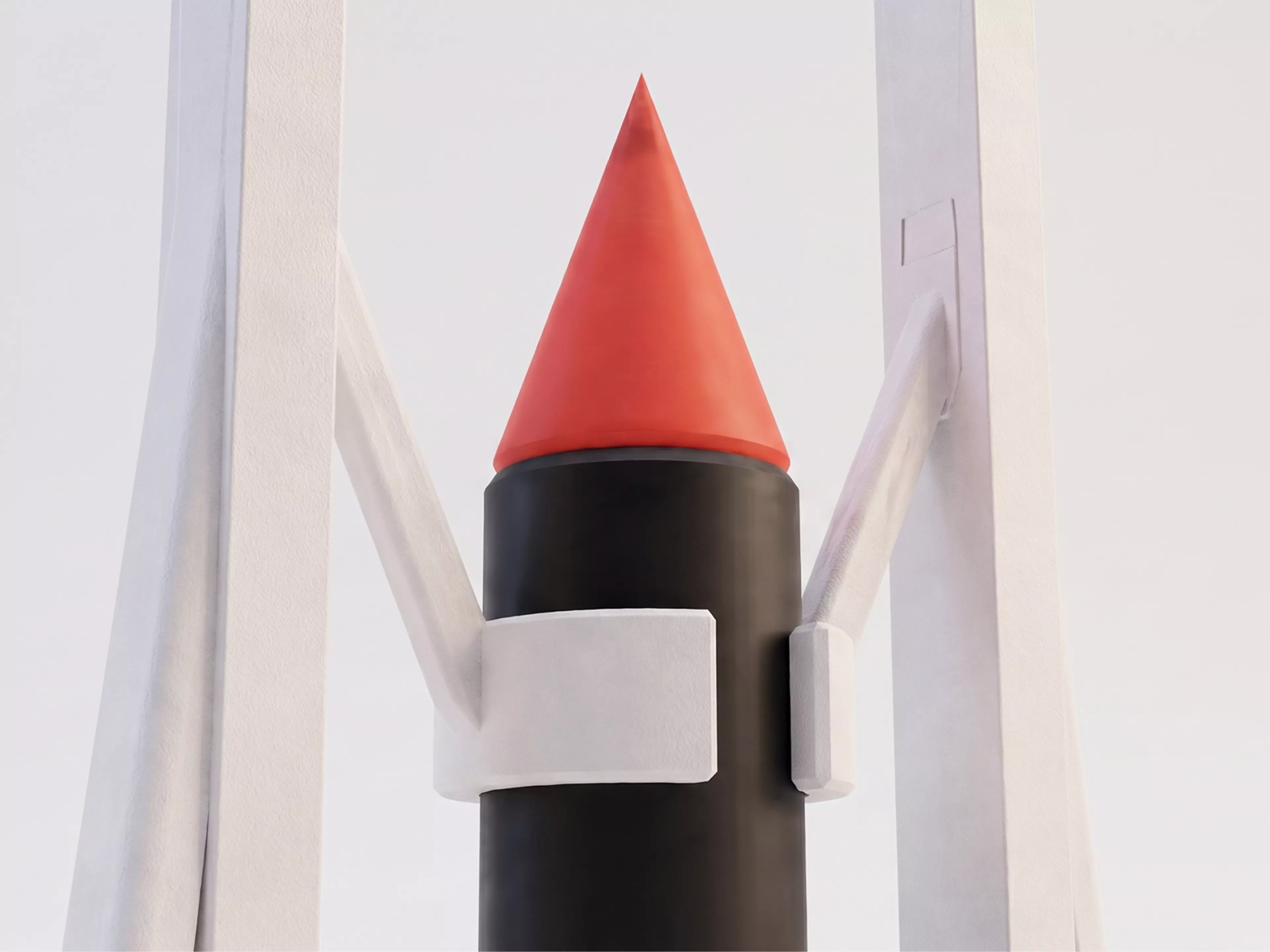 A 180 mm desktop model-rocket-on-launch-tower display: a natural-wood-tone launch tower cradling a removable tan/gray toy rocket, matching the reference photo's craft-model look.