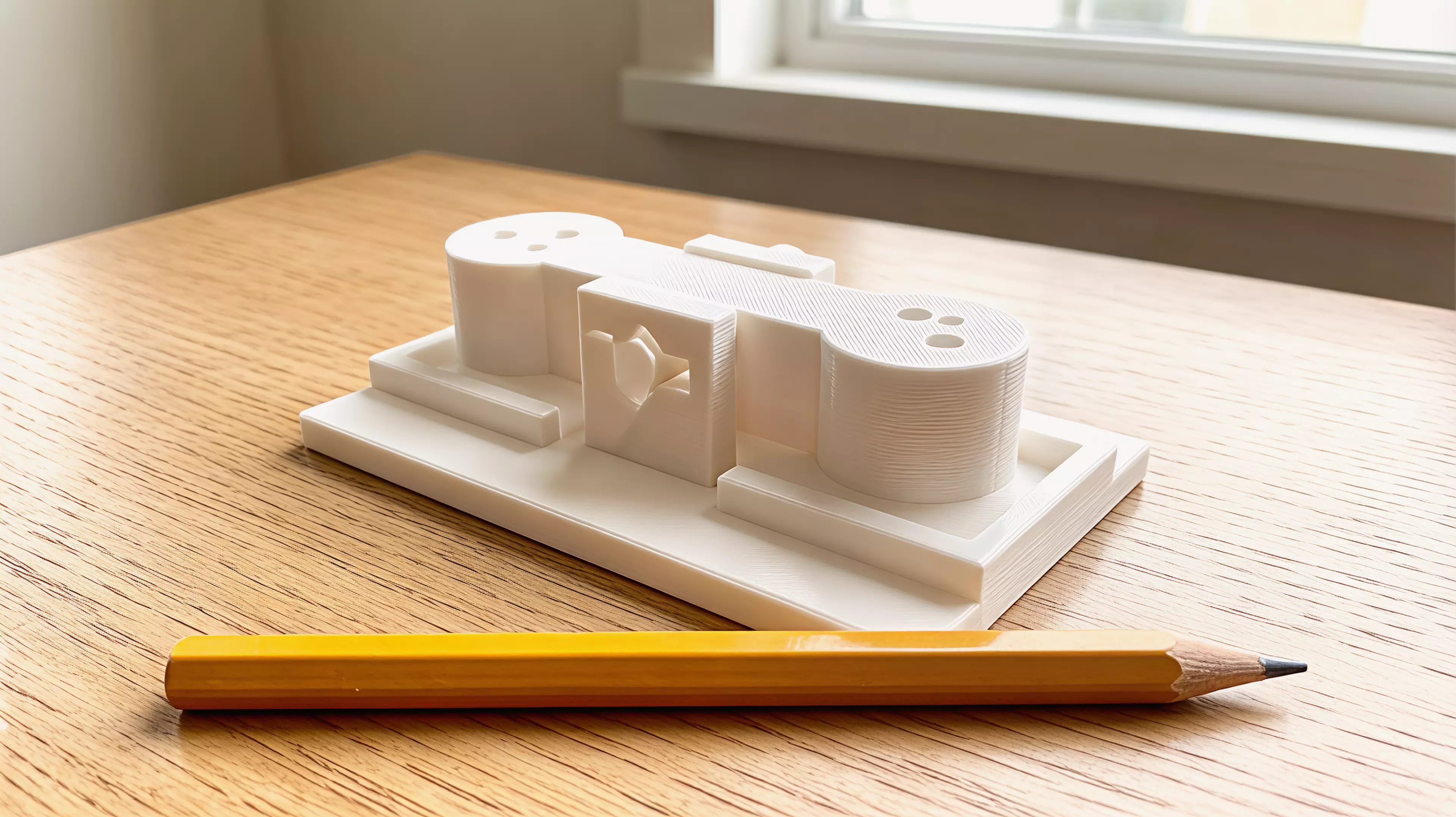 A palm-sized, three-part printable desk mechanism whose exposed rocker makes one cratered moon rise when the other is pressed.