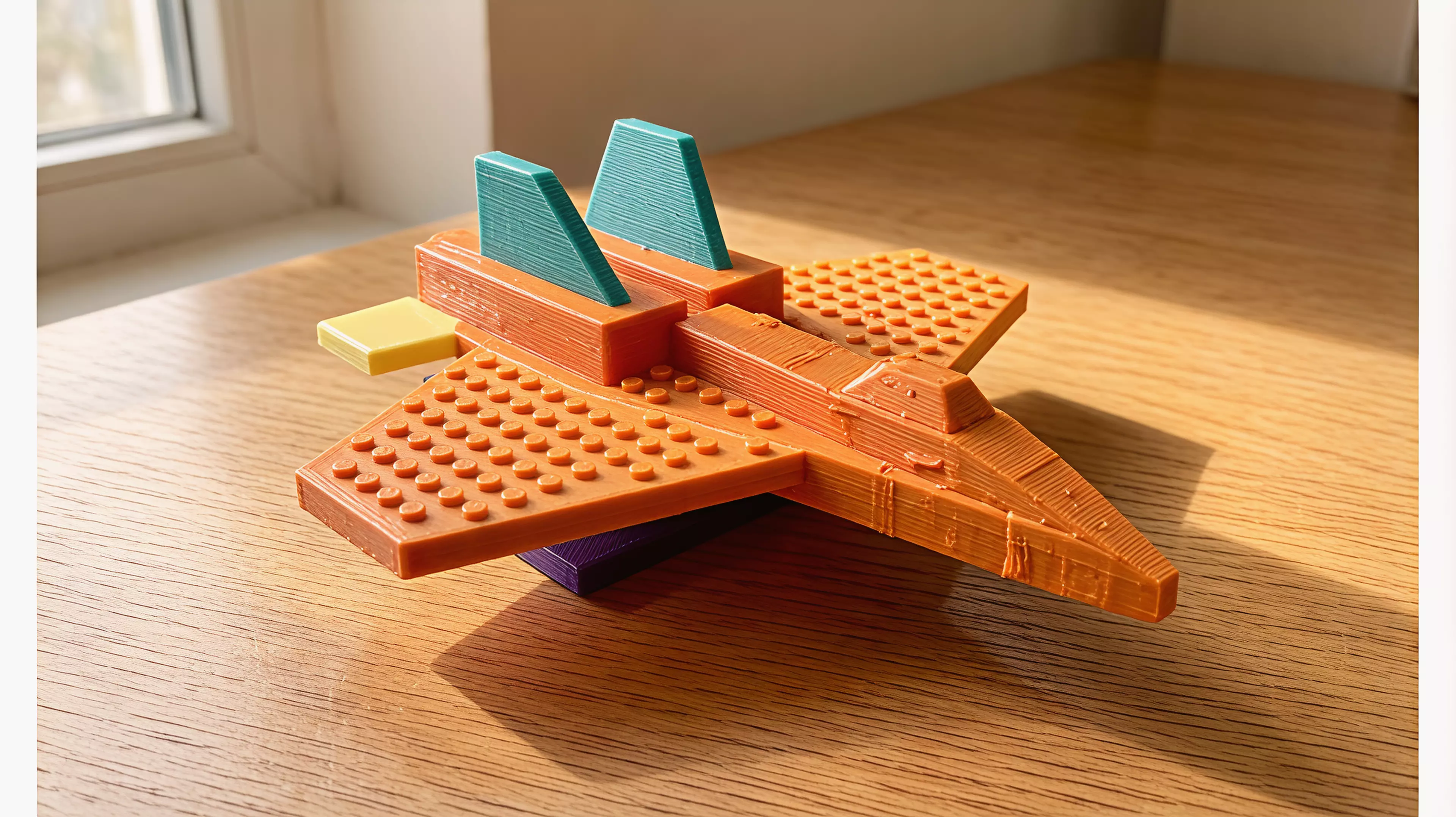 A single-piece, stylized F-14 Tomcat brick-jet (set-c aggressive wedges) with a LEGO-standard stud grid on its upper surfaces so real System bricks/plates clutch on; flat belly for desk display. Printed belly-down, PLA, supports on.