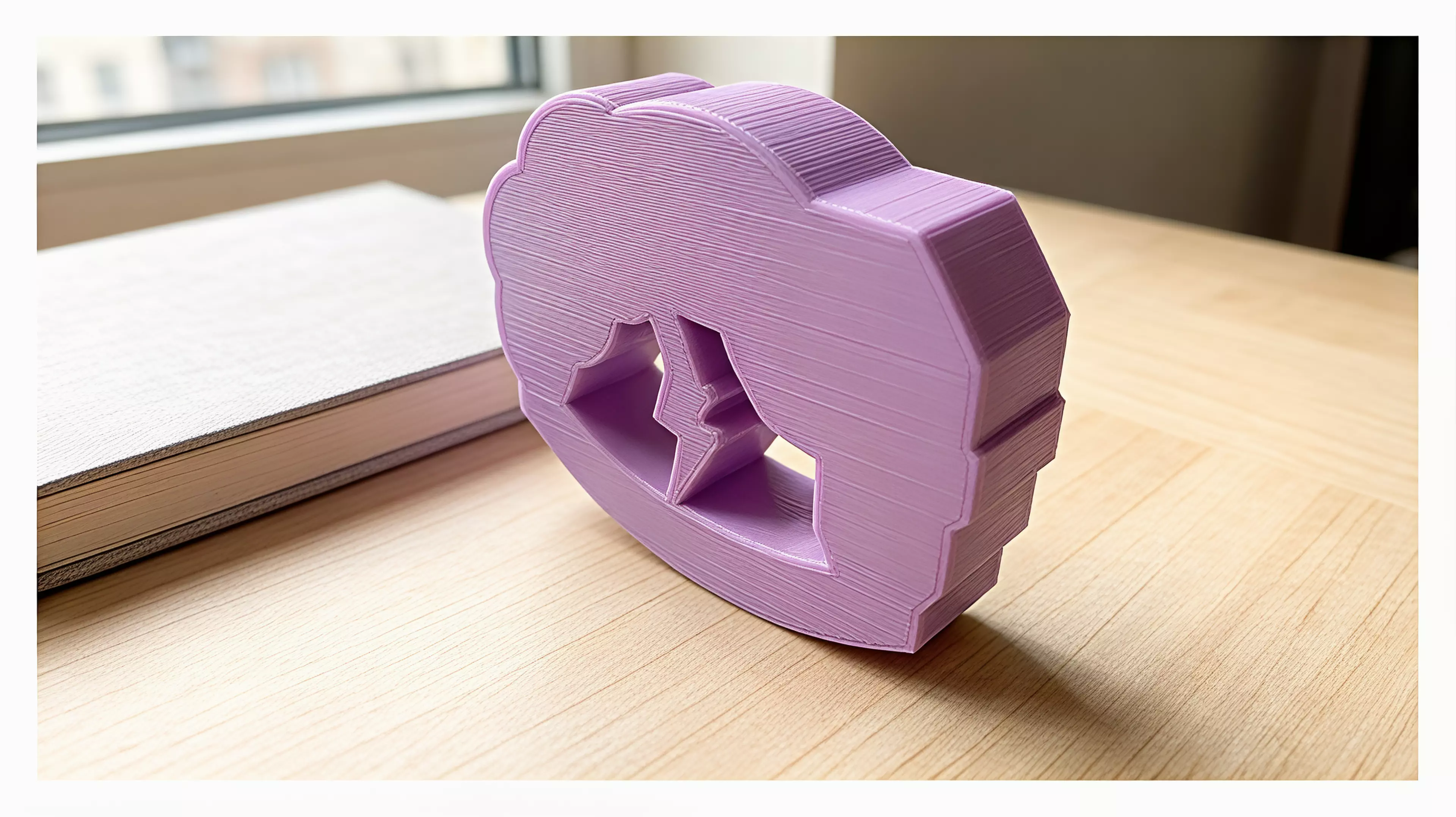 A palm-sized, one-piece storm-cloud desk rocker whose connected lightning bolt sweeps through the open arch as the whole body rocks and returns toward center.