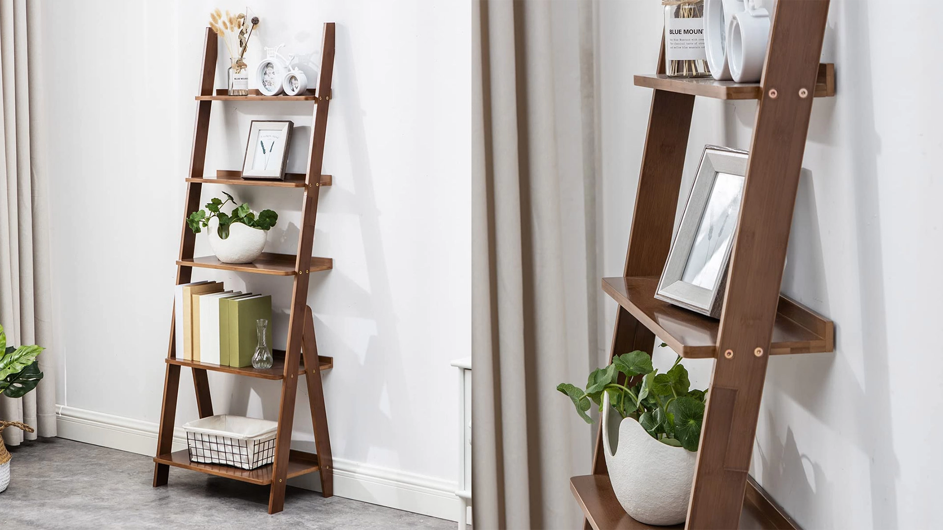 Maydear Ladder Bookshelf (5 tier, 2 colors): Bamboo Bookshelf