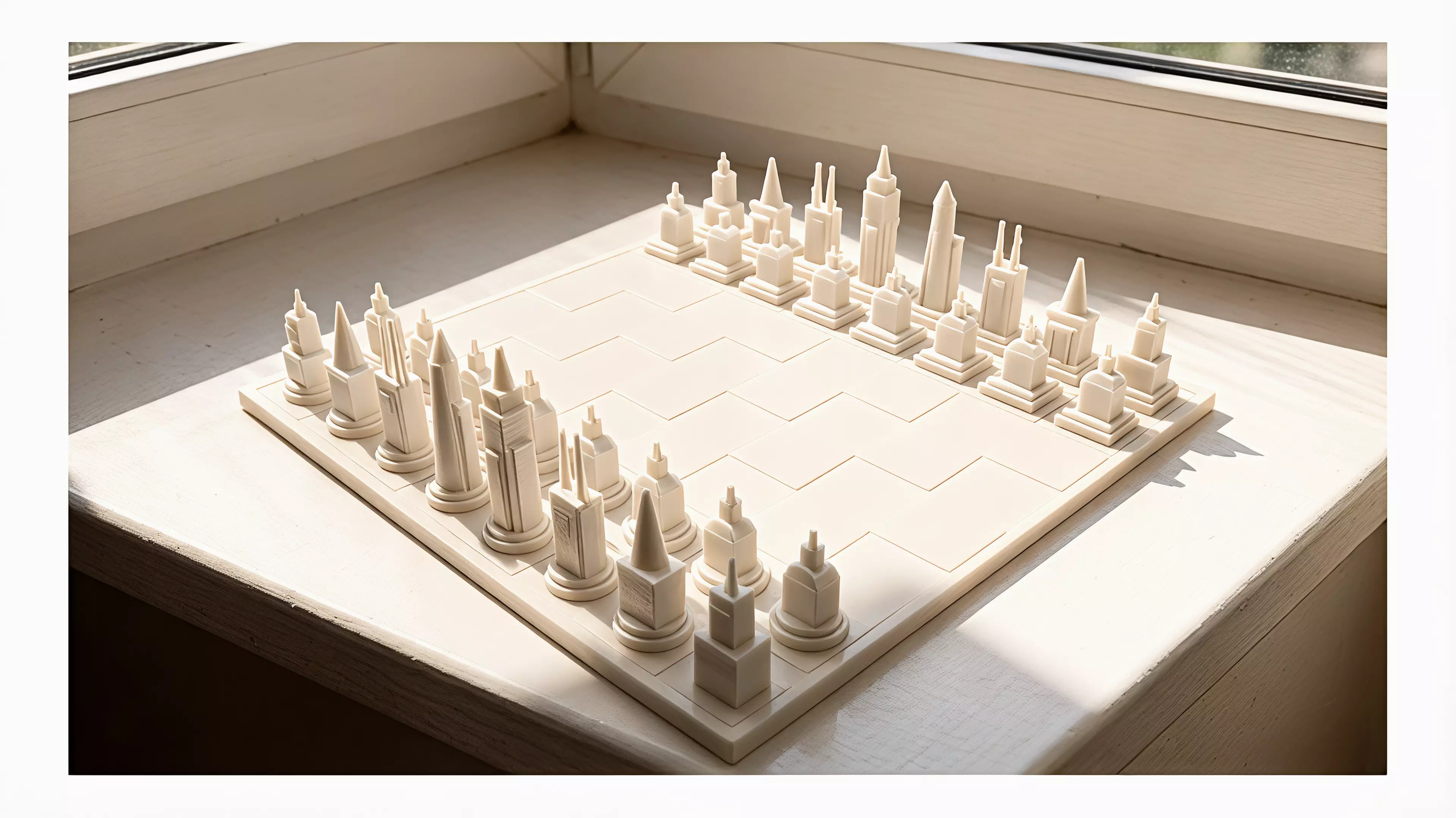 A geometry-readable orthodox chess set that turns six Ho Chi Minh City landmarks into a complete 32-piece skyline, with round River and square Grid plinths distinguishing the two sides without relying on color.