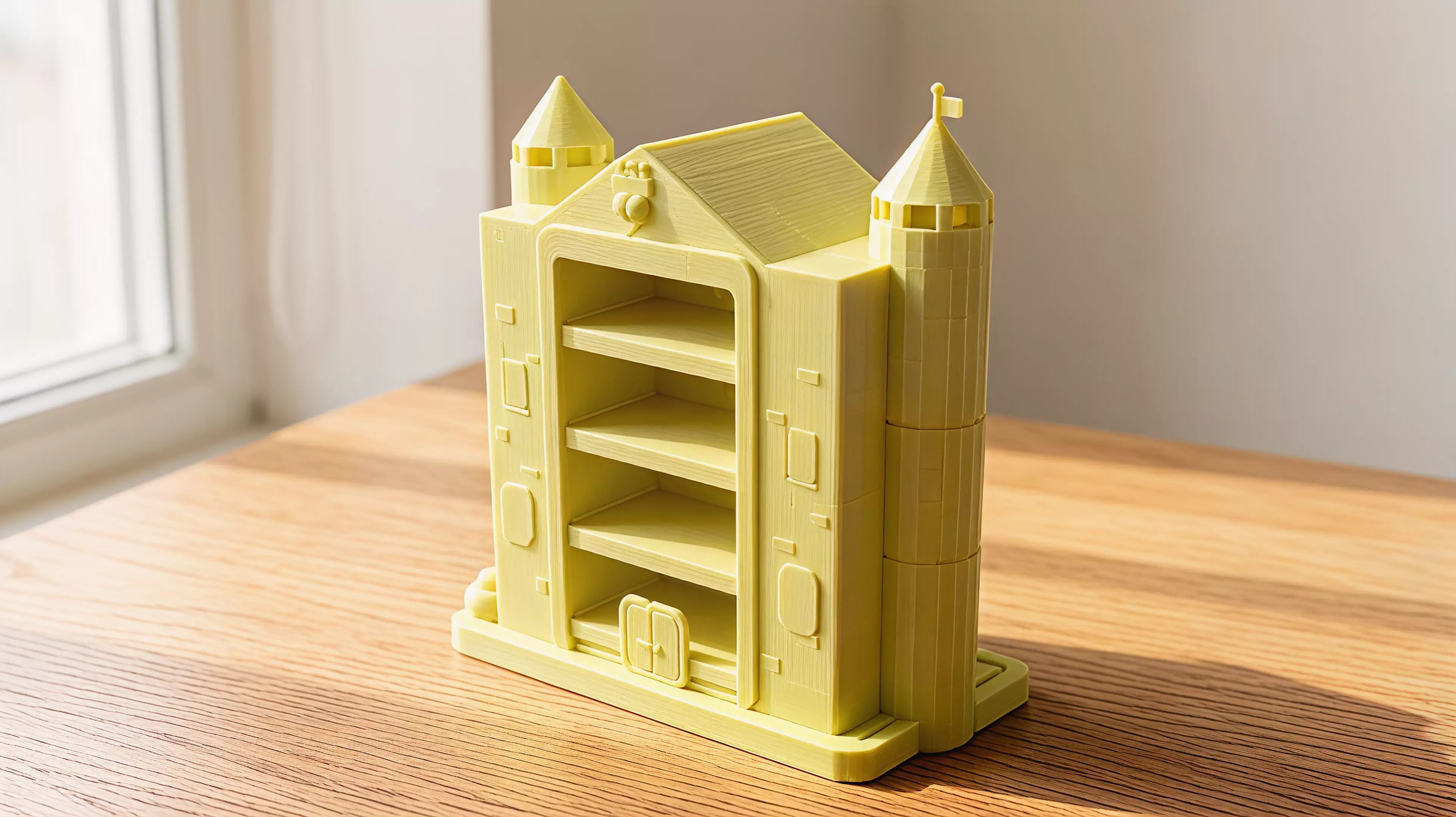 A pastel fantasy-castle display shelf, 380 W × 190 D × ~420 H mm, that holds four NVIDIA DGX Spark units (150 × 150 × 50.5 mm each, ~1.2 kg each) in a four-level, front-and-rear-open chamber flanked by two round towers, printed as ~20 screw-together modules because the whole thing is far larger…