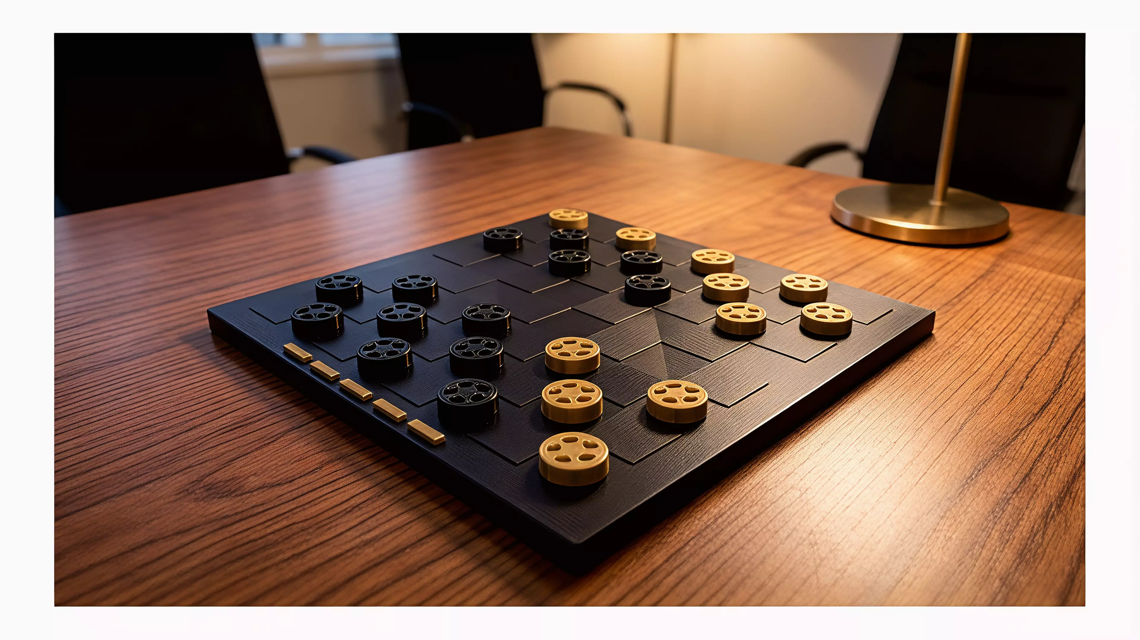 A regulation-readable checkers edition whose five-ring and five-spoke pieces, five brass-like threshold markers, and midnight grid turn the Workshop workflow into table presence without changing the known game.

By Alice.