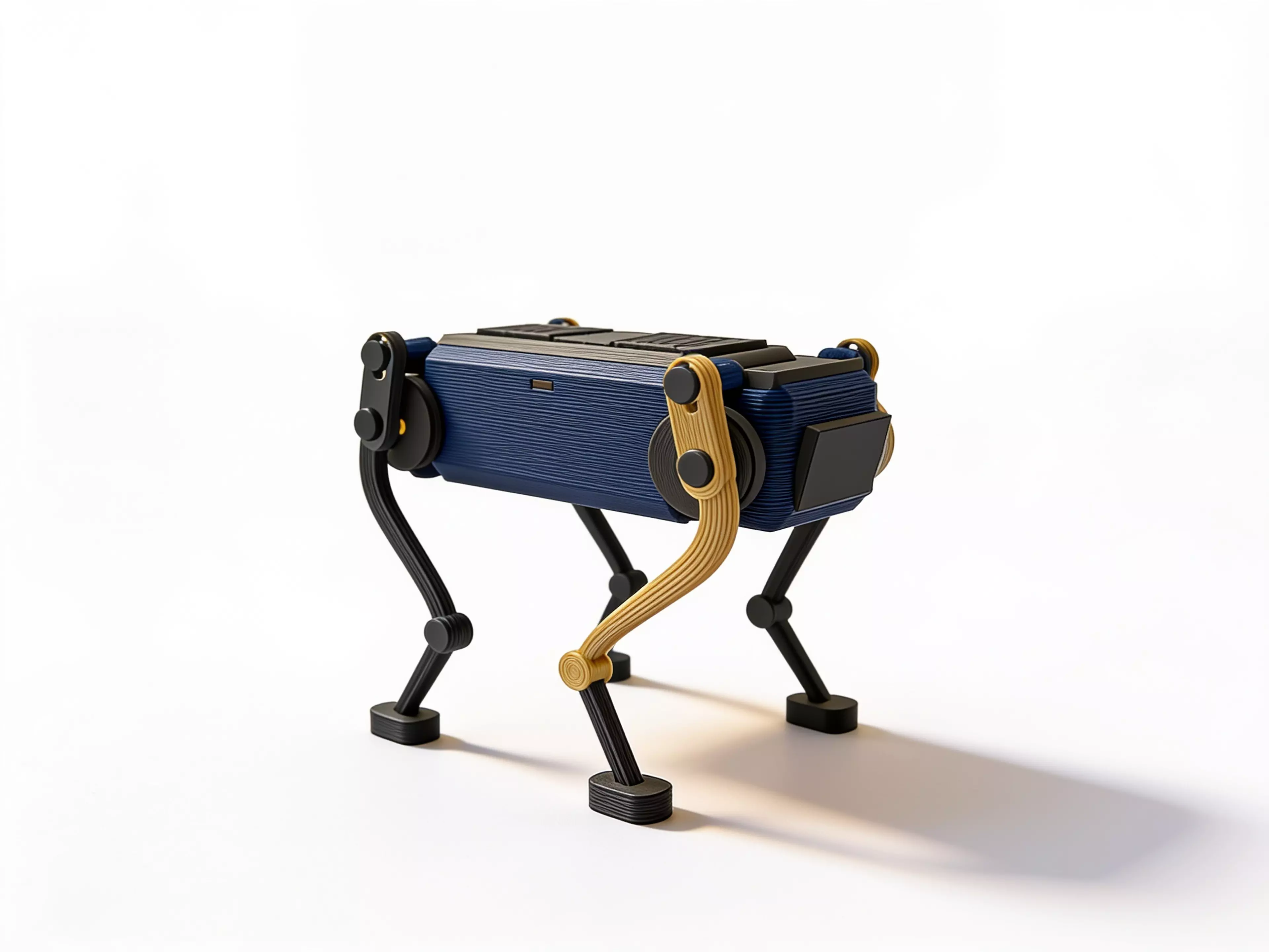 A palm-size wind-up walker. Twist the knob at the back to wind it up, set it down, and it trots forward on four legs with a smooth, life-like gait - no batteries, no motors. The rubber band inside drives two crankshafts that swing the legs in turn, so it keeps its balance step after step. Every part is 3D printed.