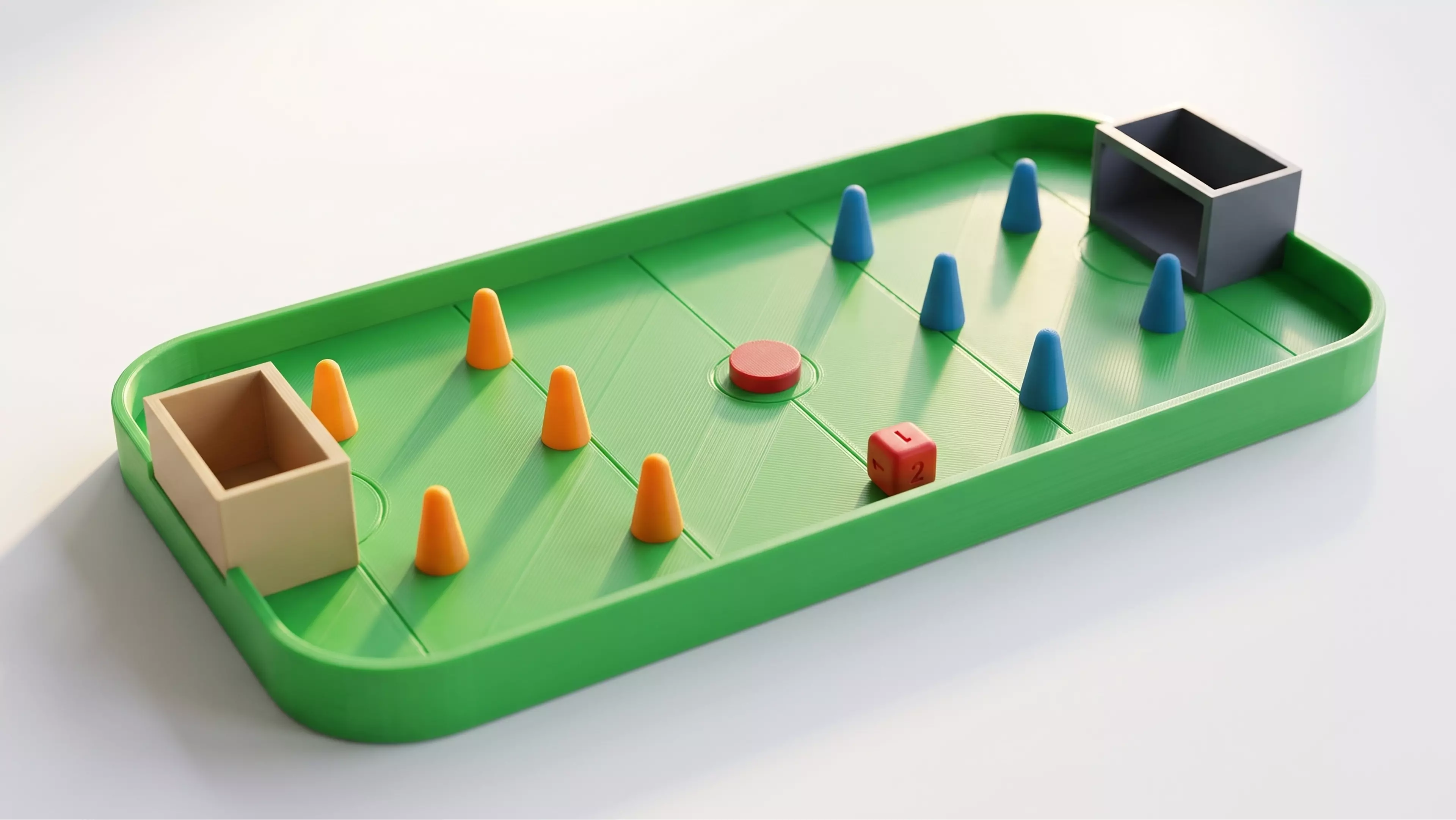 A tabletop hockey game kit: 
1. Role the dice to get how many pin can stand on the field
2. Set the pins' position as your will
3. Choose the angle, flick the puck to score