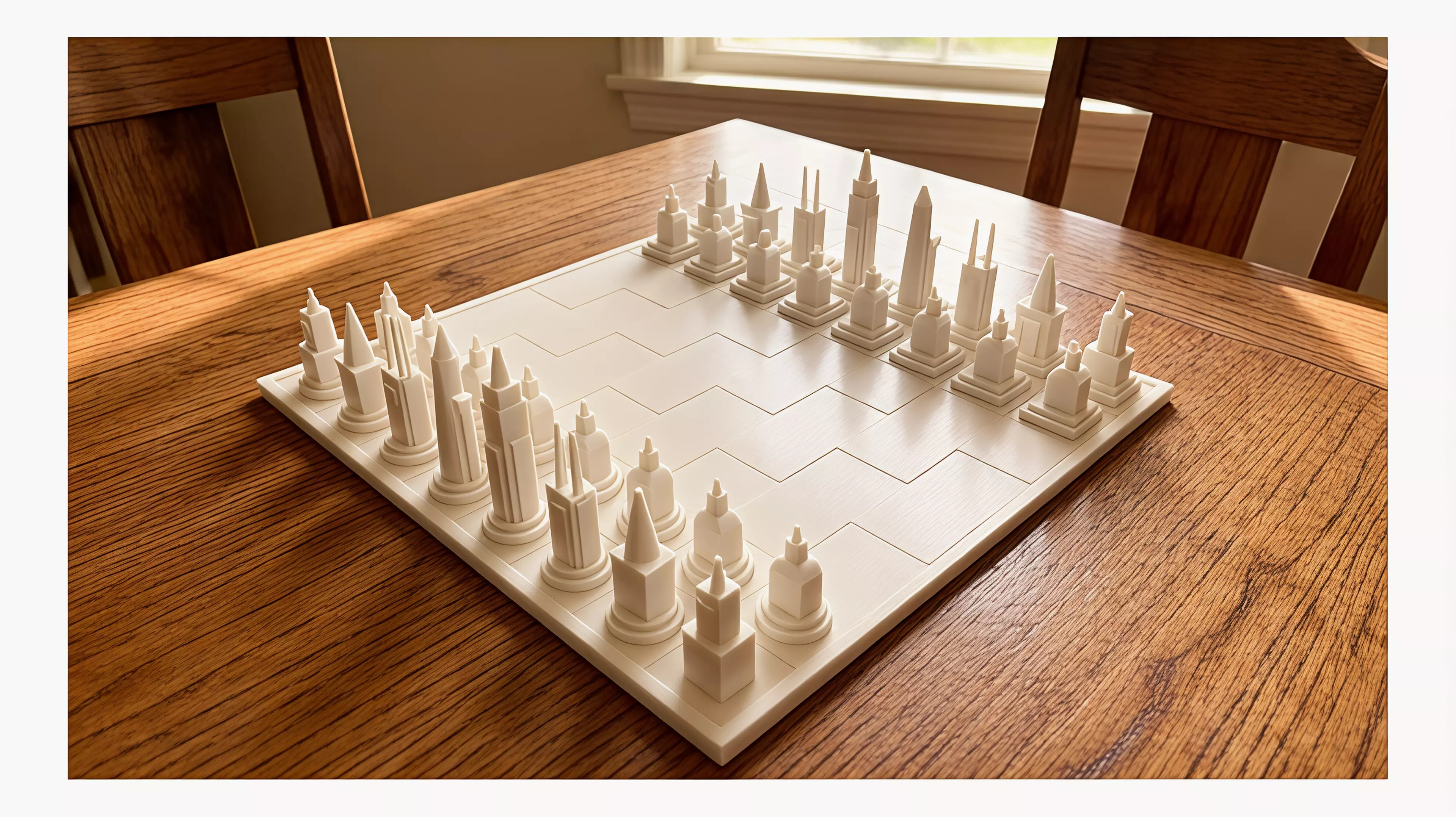 A geometry-readable orthodox chess set that turns six Ho Chi Minh City landmarks into a complete 32-piece skyline, with round River and square Grid plinths distinguishing the two sides without relying on color.