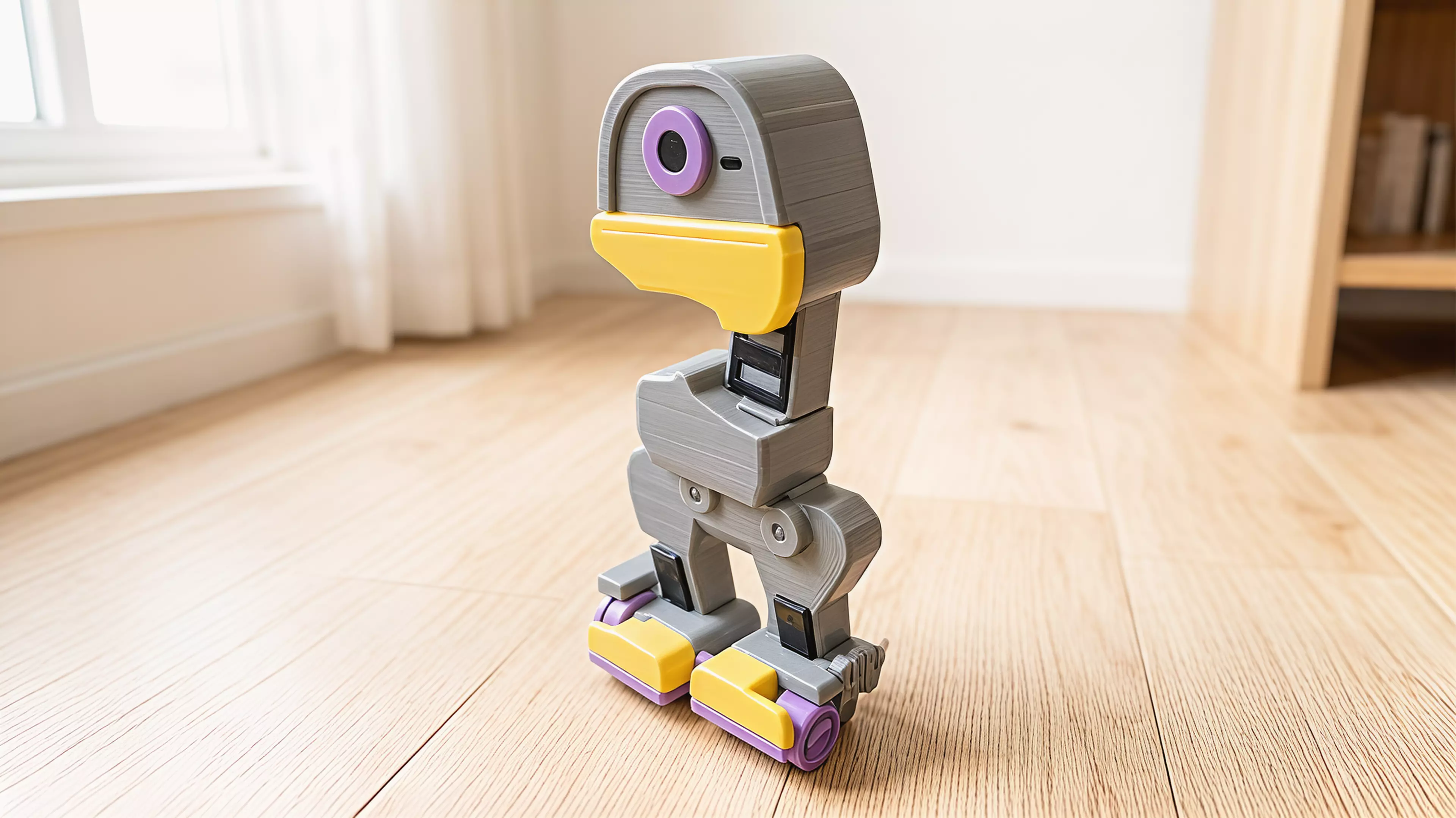 A grey robot duck with a yellow bill, purple details and a side winding knob. A replaceable silicone cord stores the twist that drives its small wheels.