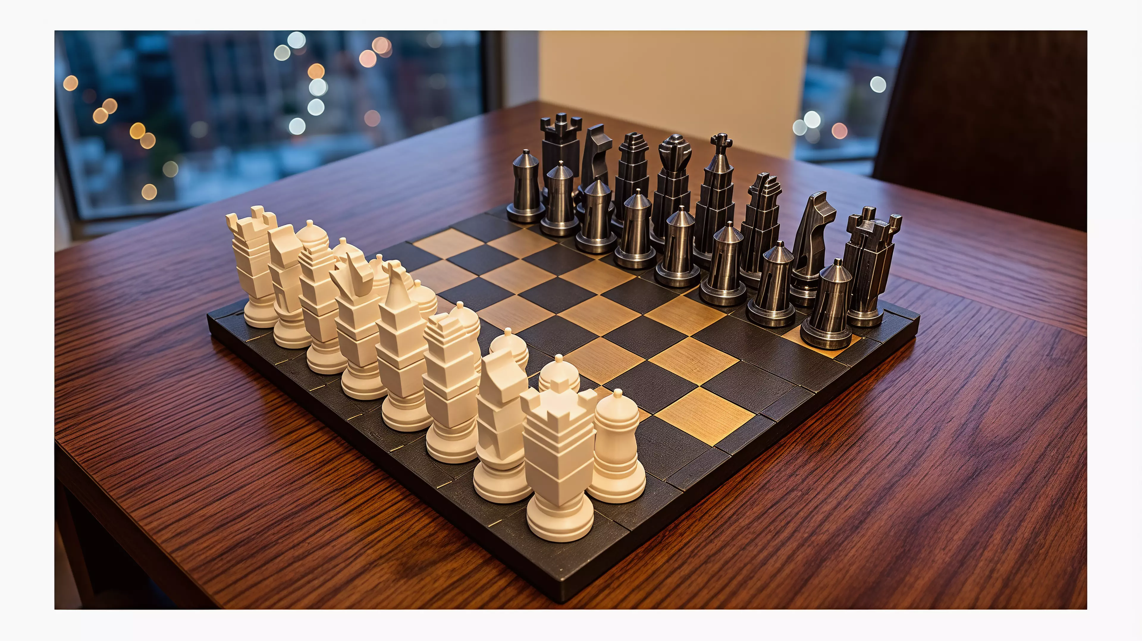 New York after midnight, translated into a complete architectural chess set with ordinary chess rules.

By Alice.