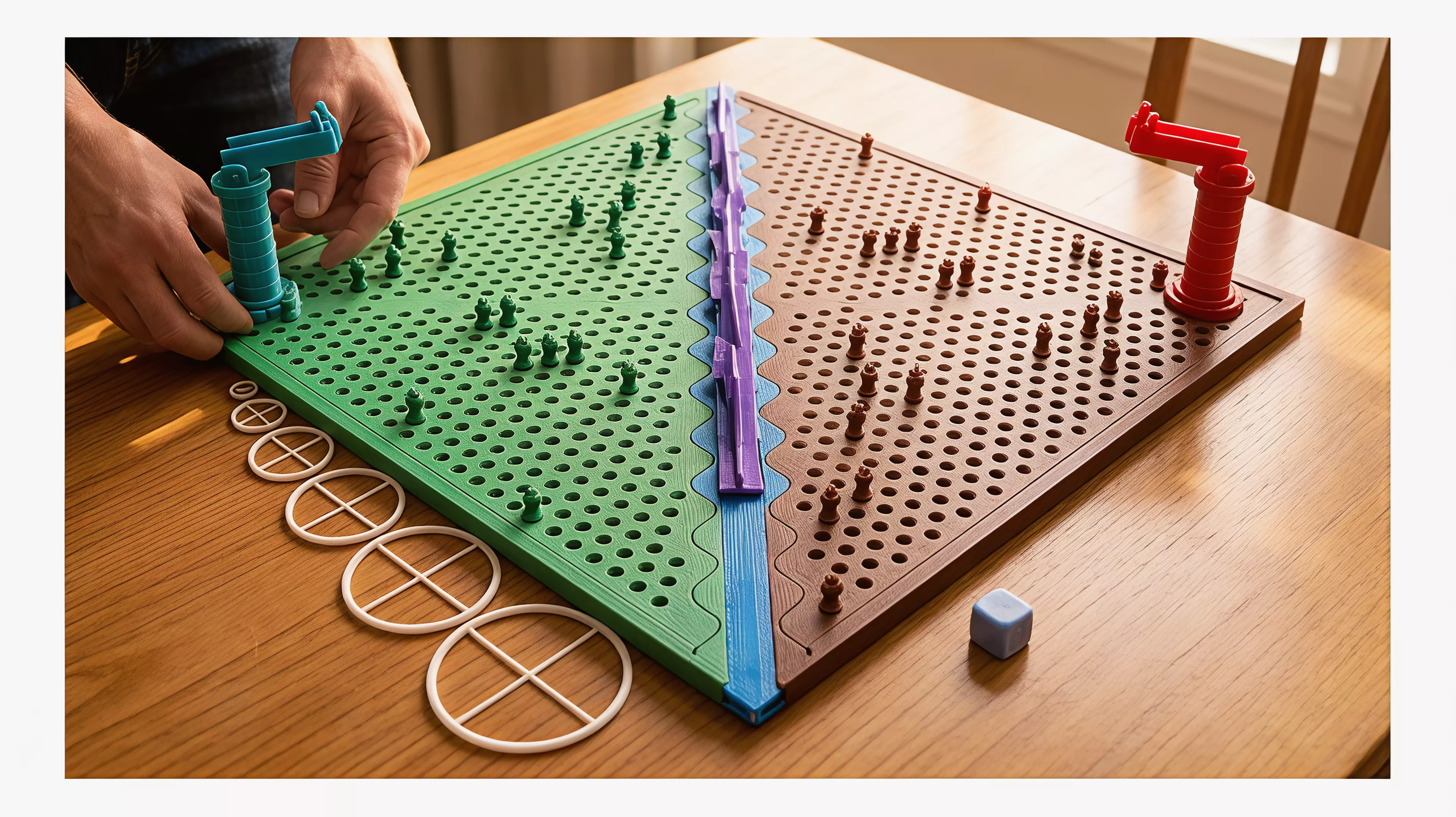 **Arrows Across the River** is a two-player competitive board game combining strategic army placement, physical aiming, and dice-based area damage. Players command 21 soldiers on opposite sides of a river and fire soft arrows from rotating archer towers. The arrow’s landing point determines the attack center, while a die roll determines its damage radius. The first player to eliminate the opposing army wins.