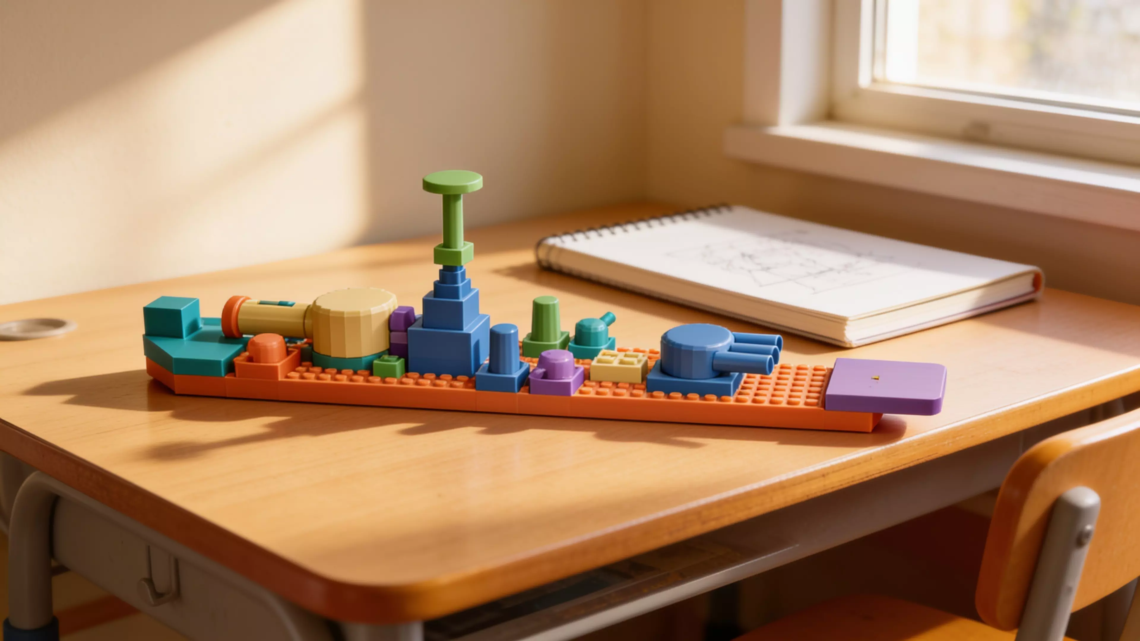 A WWII-dreadnought-styled construction toy: an 8 mm-pitch stud-and-tube brick system (deck plate, bow, stern, bridge tower, generic bricks, smokestacks, secondary turrets) plus a free-rotating main turret with a spring-less push-launcher, assembling into a 240 mm desktop battleship.