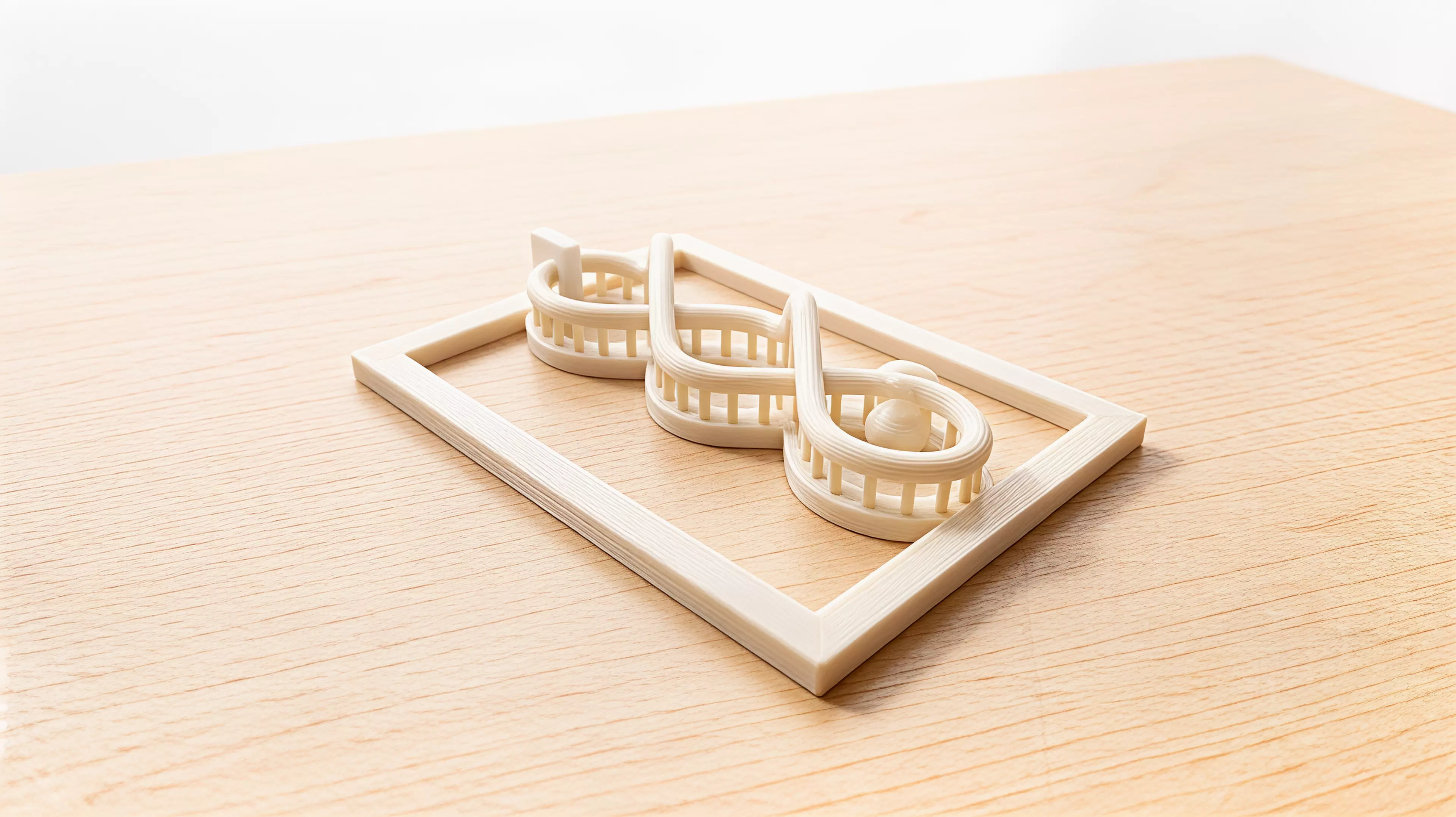 A one-handed print-in-place desk toy whose captive moon runner follows one fully visible braided figure-eight route through two separated bridges and returns home by continued thumb motion.