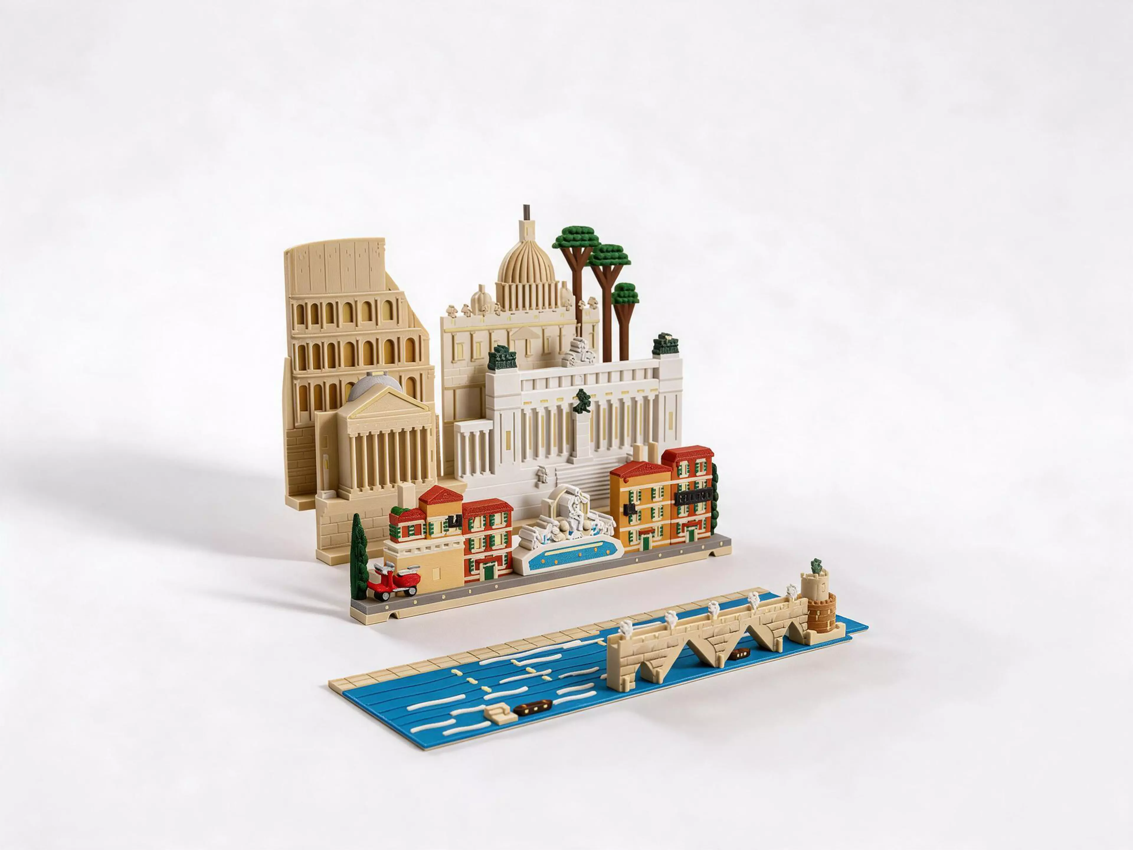 A Rome set for the Moonlit Atlas pop-up book: three rows of miniature buildings and a Tiber river plate that click onto the book's row frames with magnets. In this set: the Colosseum with its broken side and lit arches, the dome of St Peter's with its statues, three umbrella pines, the Pantheon with its portico and obelisk fountain, the white Vittoriano, the Trevi Fountain with Oceanus and his sea-horses and coins in the basin, ochre and terracotta houses with green shutters, two cypresses, a red Vespa, and the Tiber with Ponte Sant'Angelo and its angels leading to Castel Sant'Angelo. Windows and stars glow in the dark, with no batteries. It needs the Moonlit Atlas book, which is sold separately, and it swaps with any other city set in seconds.