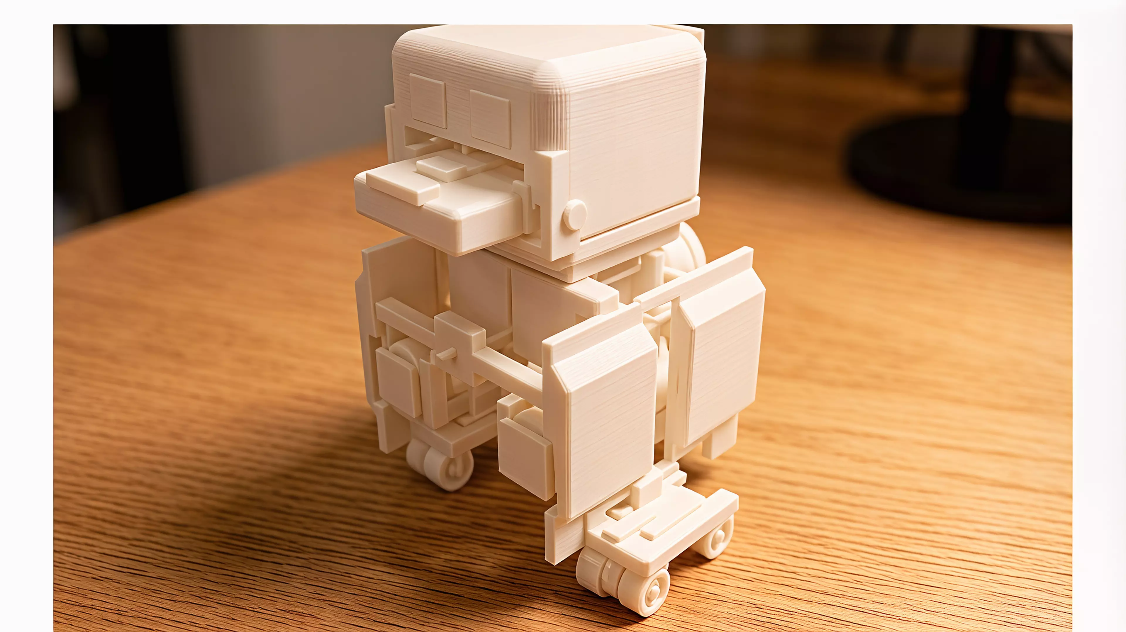 An original palm-size all-printed duck-like desk automaton designed around a visible ring crank, eccentric cam, paired-hip waddle, opening clip beak, rocking belly, keyed eyes, and removable captive-roller skates.