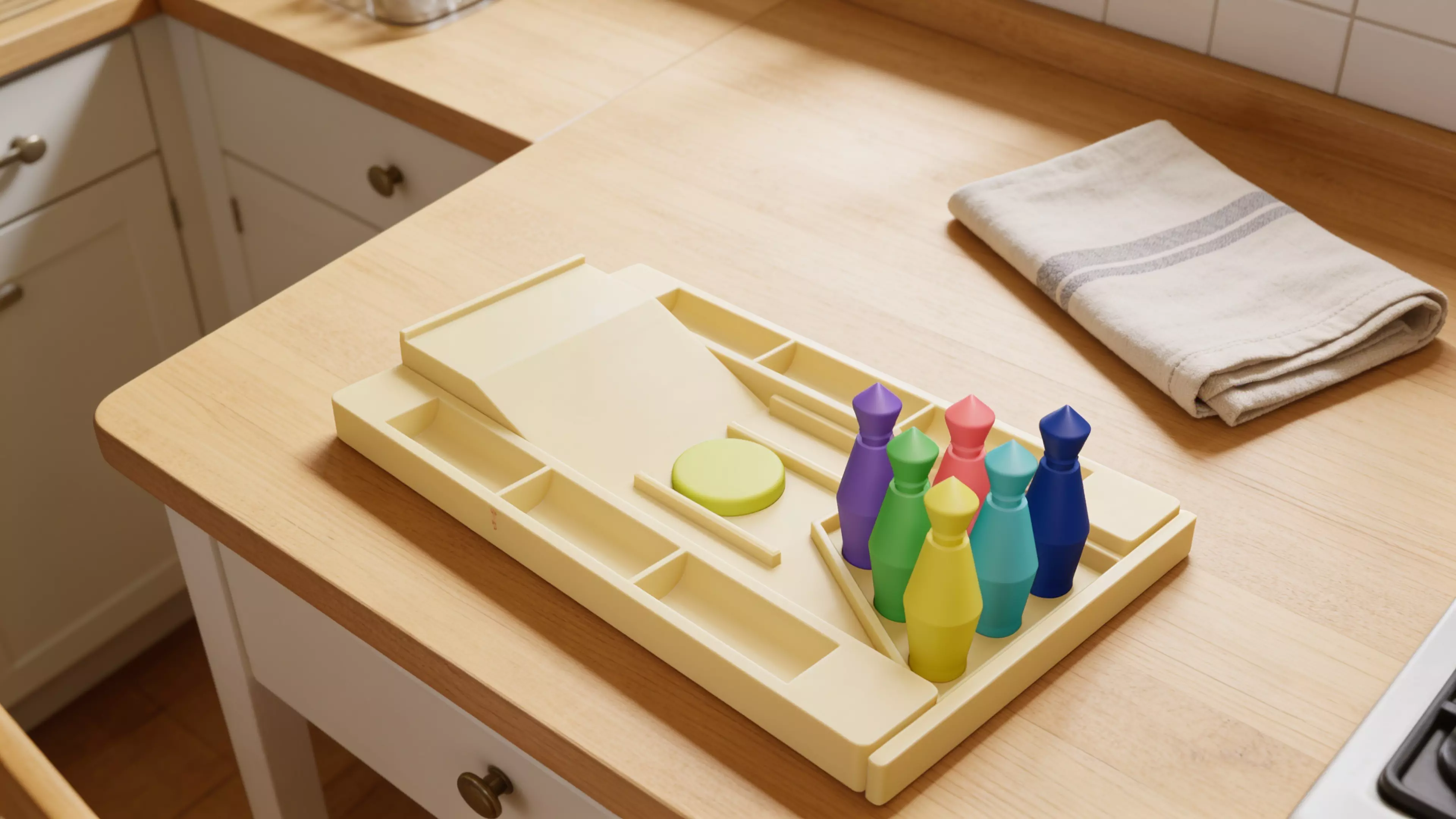 A pocket bowling toy: a lane tray that ramps into a flick-launch pad and doubles as nested storage, six molded pins in a 3-2-1 triangle, and one flick disc — flick the disc off the ramp to send it down the lane into the pins.