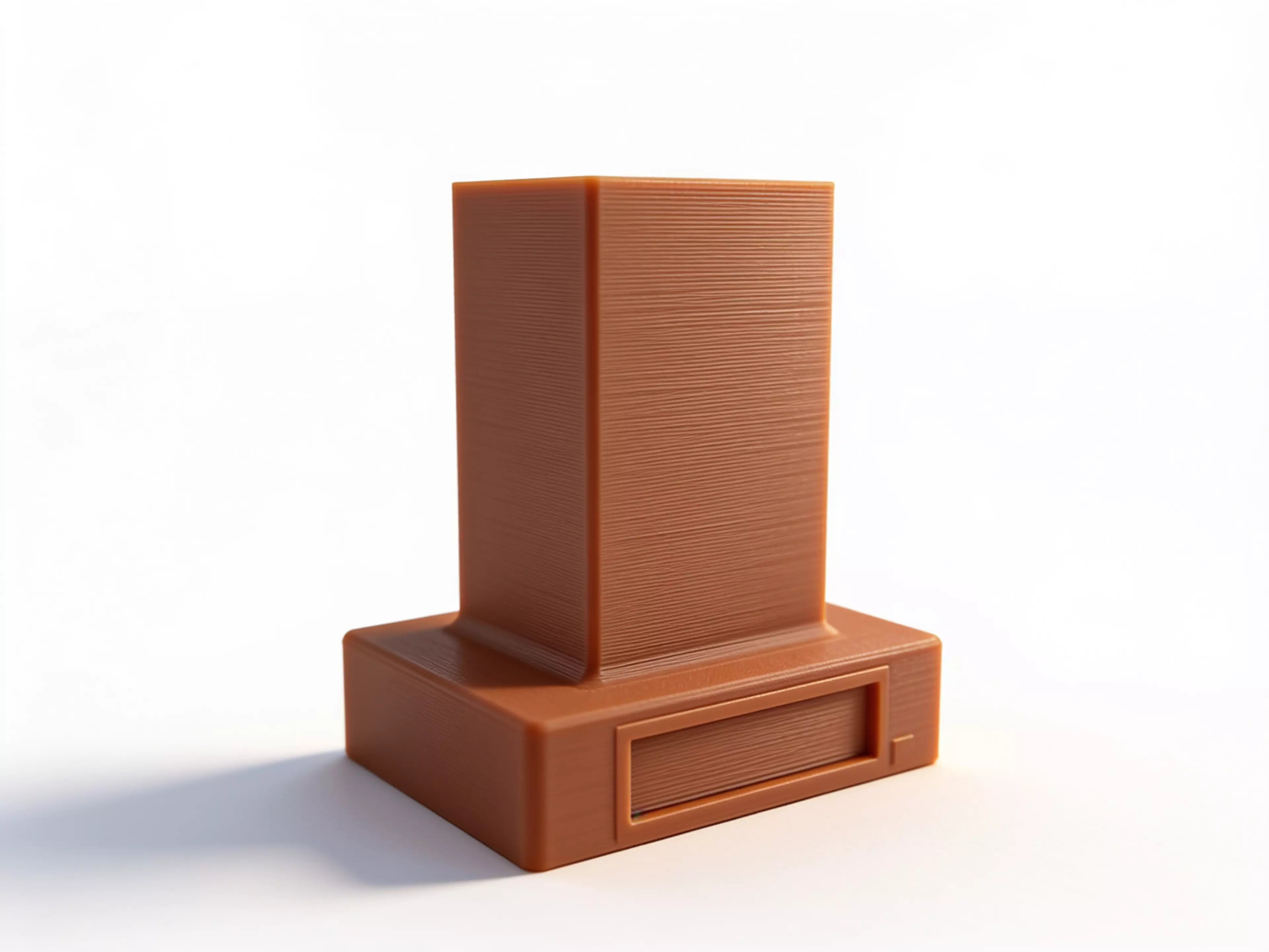 A retro-terminal desk holder: a low, wide CRT-monitor-bezel plinth (complete with a
recessed screen panel and a debossed > prompt) with an oversized rectangular
text-cursor block rising from its top like a frozen "on" blink. Five blind holes
of increasing diameter are drilled into the block's top face in a diagonal,
back-left-to-front-right layout, each sized and chamfered for a specific
implement — stylus, pen, pencil, marker, highlighter. Single piece, flat-bed
print, no supports.