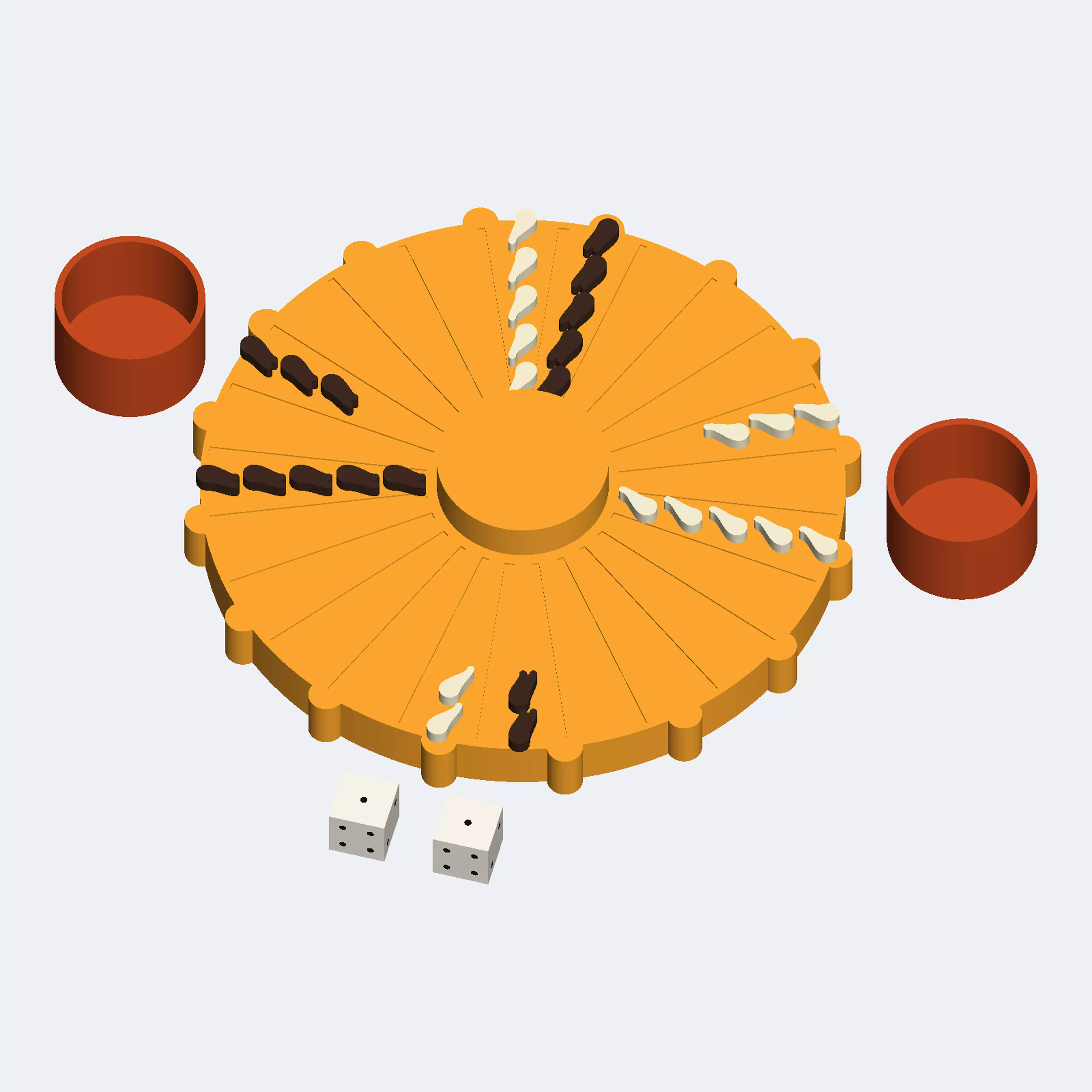 A Sun-shaped backgammon set with flowing plasma counters, an open circular capture bar and dark recessed dice pips.