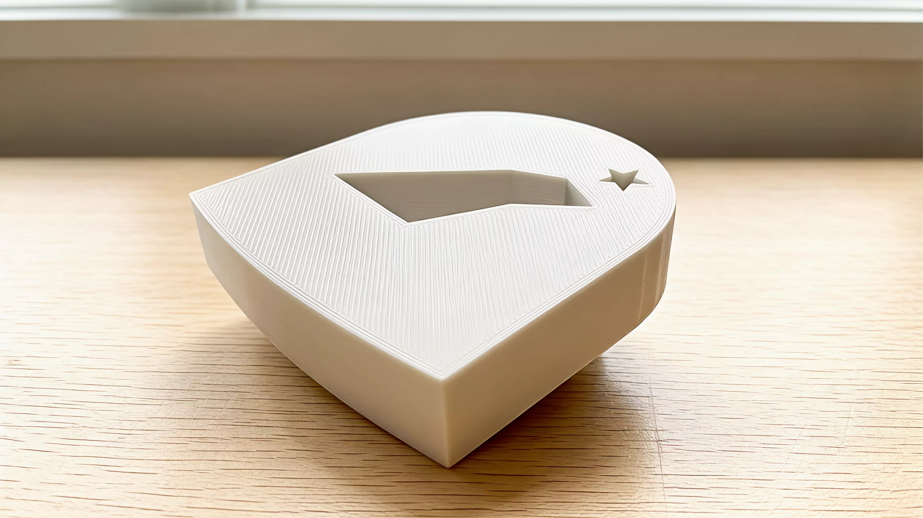 A palm-sized, one-piece rocking arch whose negative space shifts from a perched bird at rest toward a shooting-star streak in motion.