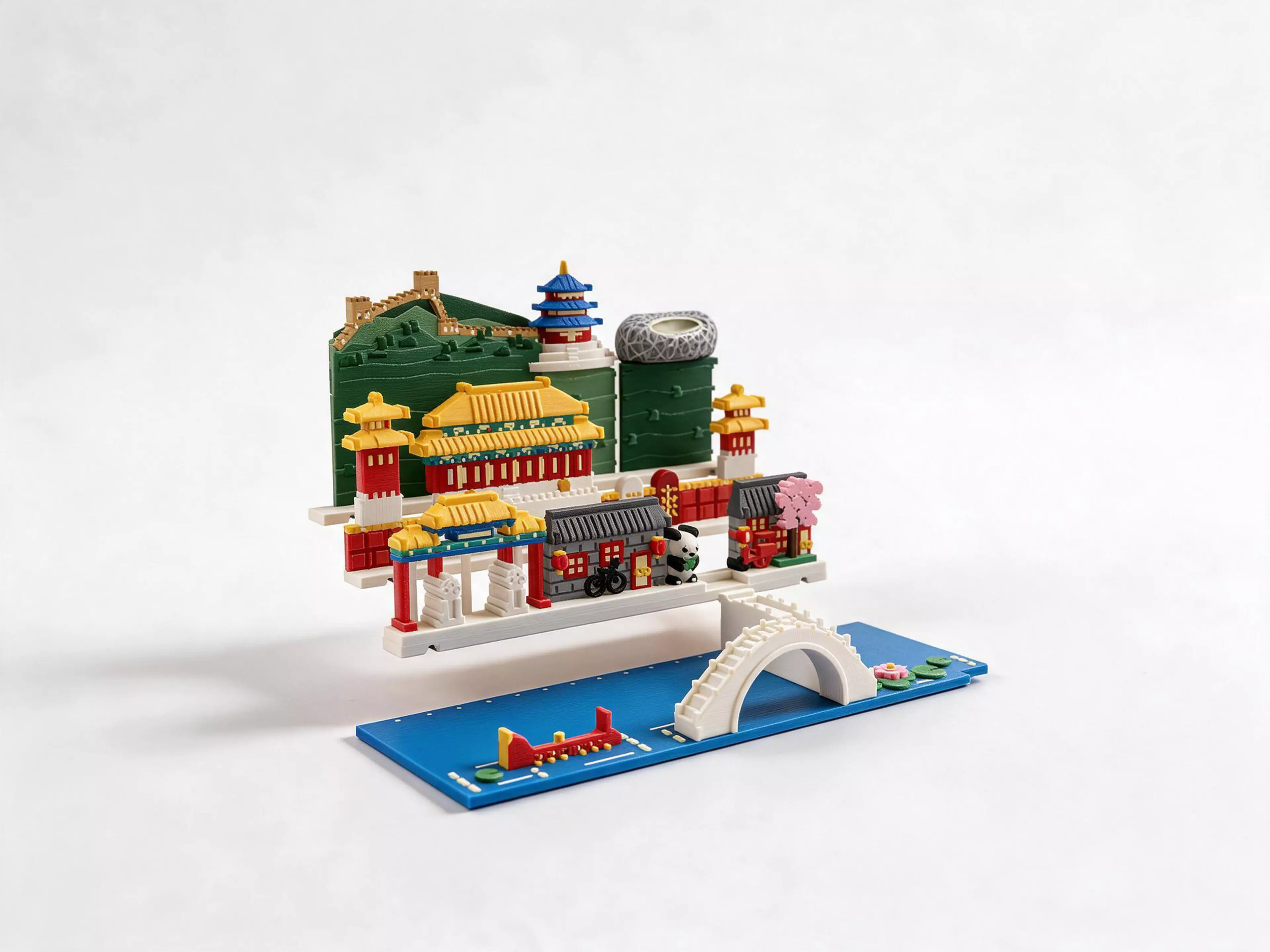 A Beijing city pack for the Moonlit Atlas pop-up book: three magnetic landmark rows and a Houhai water plate. Includes the Great Wall, Temple of Heaven, Forbidden City palace facades, Bird's Nest stadium, hutong houses, a panda and an arched bridge. This pack contains the Beijing city only. The Moonlit Atlas book is required and sold separately; the book, cover, pop-up frames and mechanism are not included.