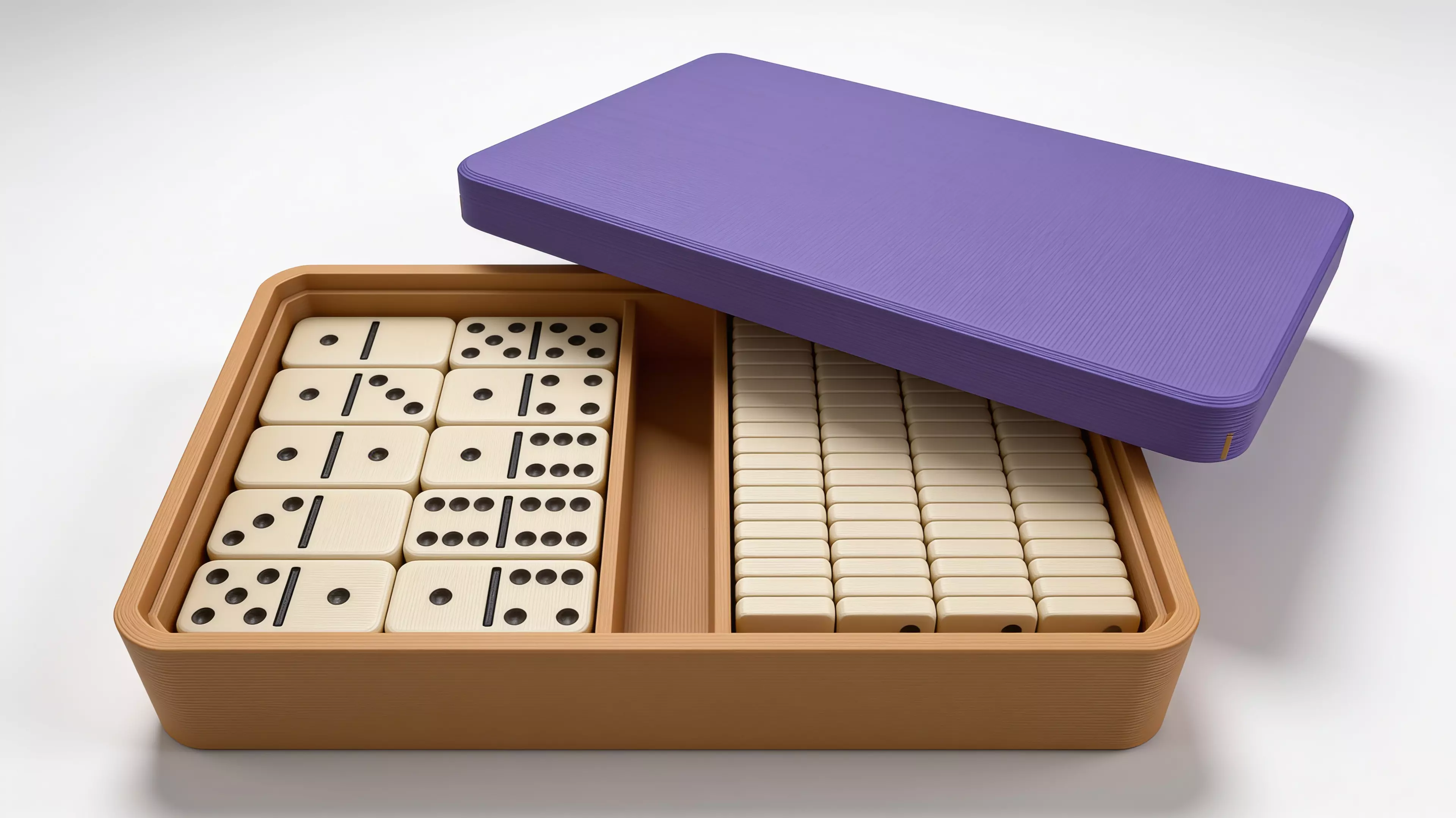 A complete Double-6 domino set — 28 tiles (48 x 24 x 8 mm) with raised embossed pips — stored in a fitted two-row tray with a slip-fit lid.