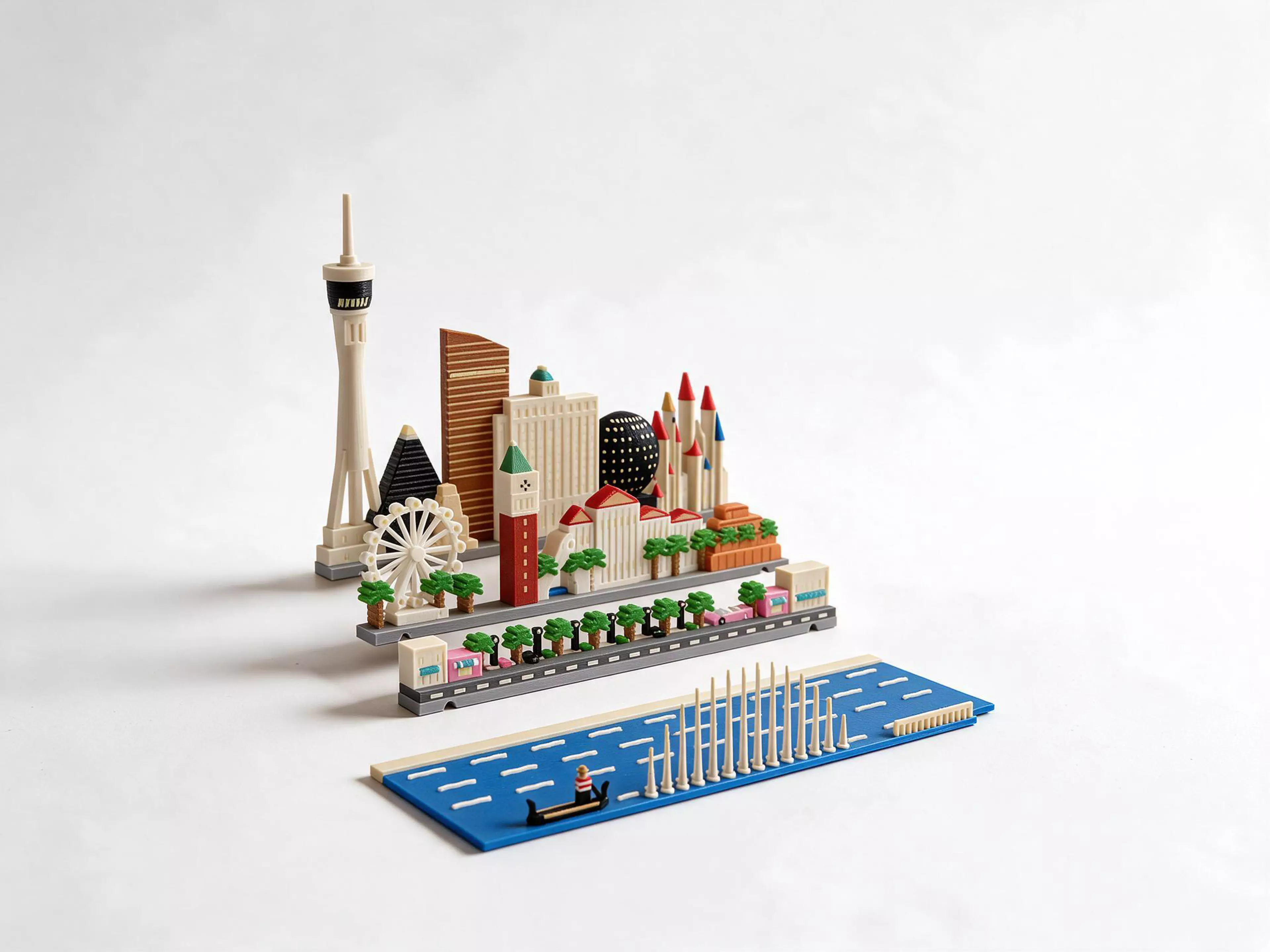 A Las Vegas set for the Moonlit Atlas pop-up book: three rows of miniature buildings and a fountain-lake plate that click onto the book's row frames with magnets. In this set: the STRAT tower over the Strip, the Luxor pyramid and its sphinx, the bronze Wynn, the Bellagio with its fountains, the dotted Sphere, Excalibur's castle turrets, the High Roller wheel, the Venetian's bell tower and Rialto bridge, Caesars Palace, a gondola on the lake and a pink convertible on the boulevard. Windows and lit details glow in the dark, with no batteries. It needs the Moonlit Atlas book, which is sold separately, and it swaps with any other city set in seconds.