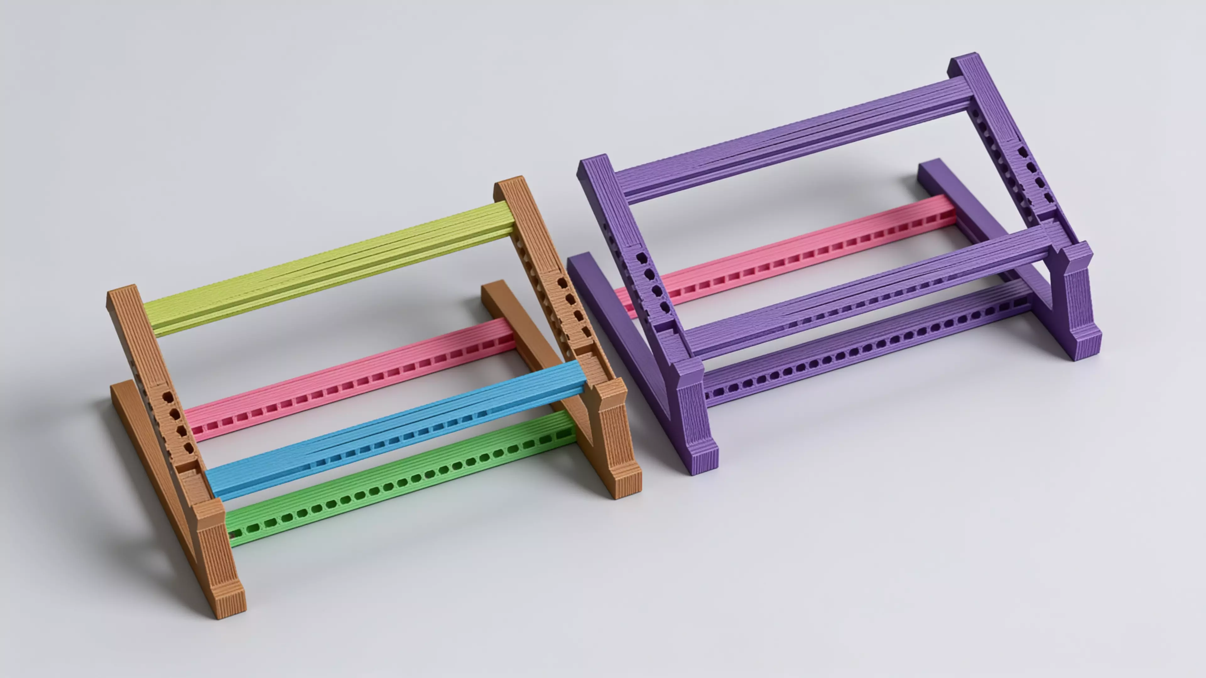 A sculpted Z-profile laptop stand designed around a 13" MacBook, tilted 22° for comfortable typing with a low-profile anti-slip ridge that catches the laptop's front edge. Two mirrored Z-legs — solid where they carry load, hex-relieved where they don't — are braced into a rigid box frame by four I-beam crossbars that press-fit straight into the legs. No screws, no heat-set inserts, no glue: just push the crossbars in and it locks together by friction alone.